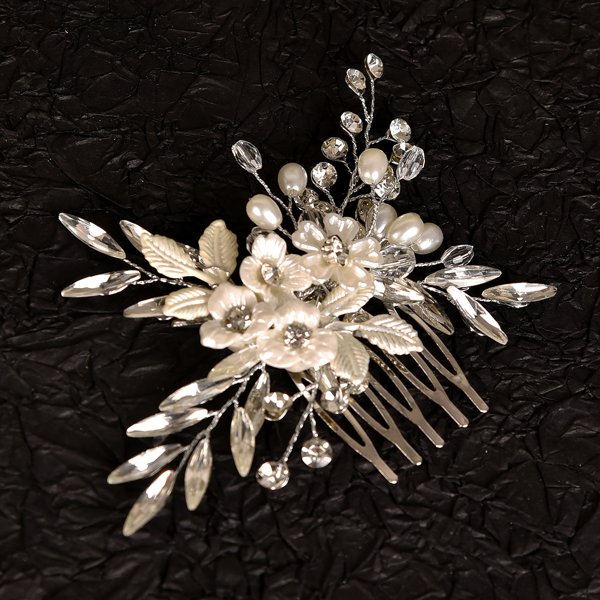 Silver Floral Leaf Pearl Crystal Bridal Hair Comb Wedding Women Elegant Handmade Side Formal Headpiece - Image 4
