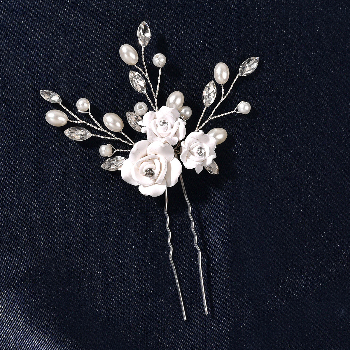 White Clay Flower Pearl Crystal Bridal Hair Pins Set for Wedding Party Elegant Updo Decor - Image 4