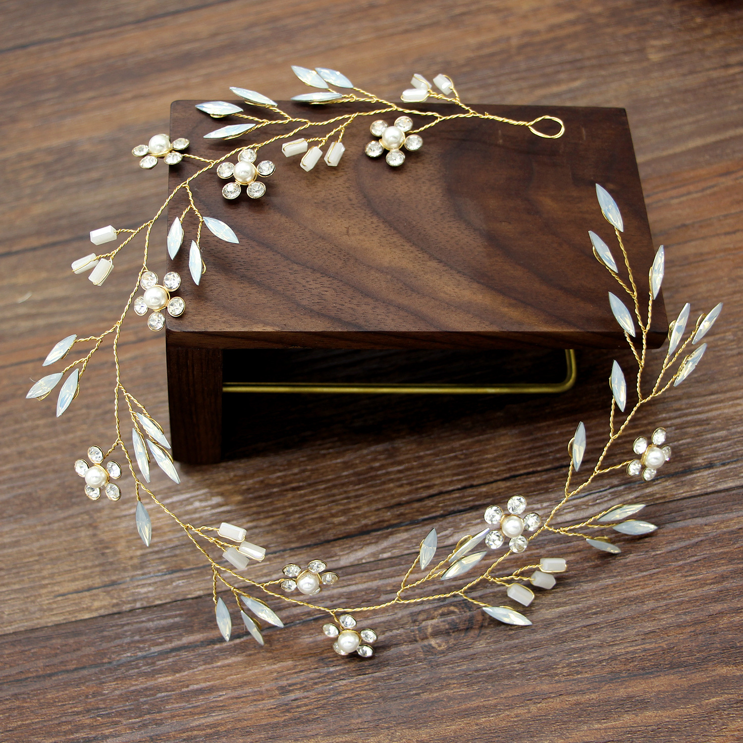 Gold Wire Leaf Pearl Bridal Headpiece Matching Drop Earrings Jewelry Set for Wedding Elegant Styling - Image 4