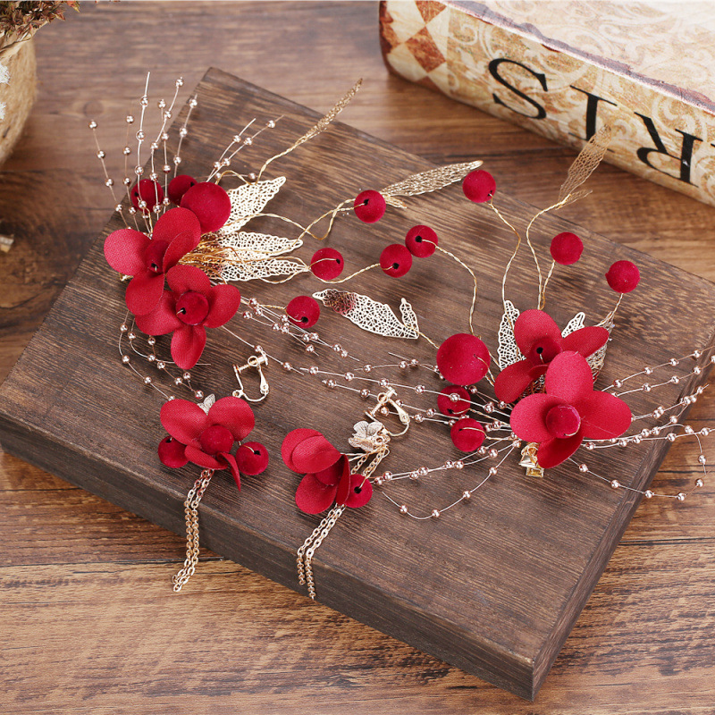 Red Fabric Flower Gold Leaf Tassel Bridal Headpiece Wedding Chinese Style Elegant Banquet Hair Crown - Image 4