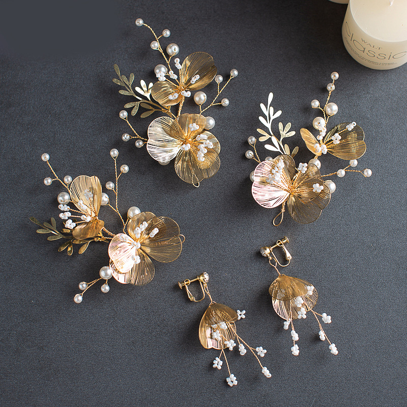 Handmade Gold Wire Floral Bridal Headpiece with Matching Clip Earrings Set for Wedding Elegant Styling - Image 4