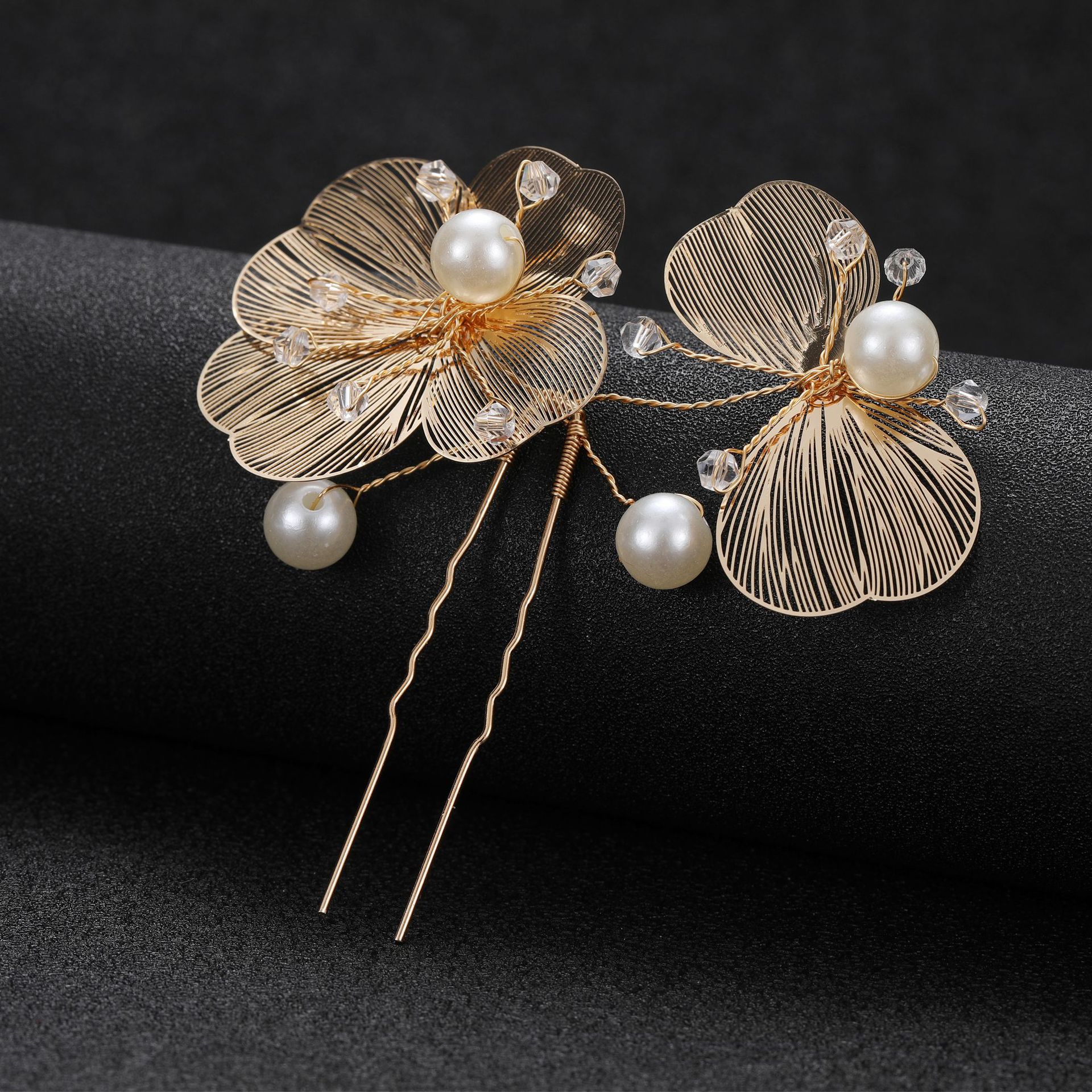 Handmade Gold Metal Flower Pearl Crystal Bridal U Hair Pins Elegant Wedding Party Hair Accessory - Image 4