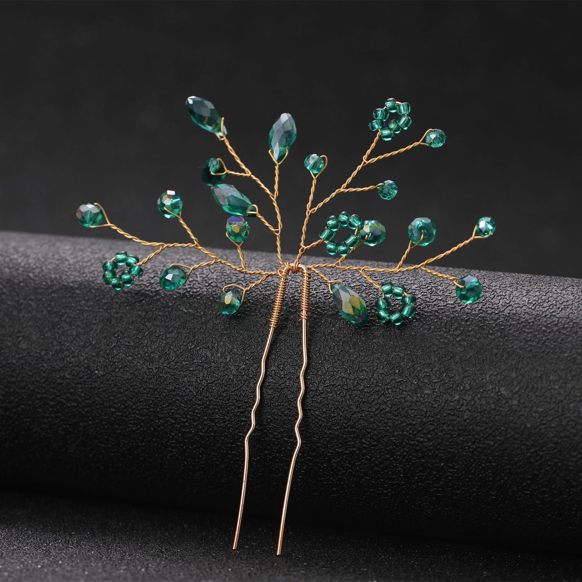 Handmade Gold Wire Green Crystal Bridal U Hair Pin Elegant Wedding Party Women Hair Accessory - Image 4