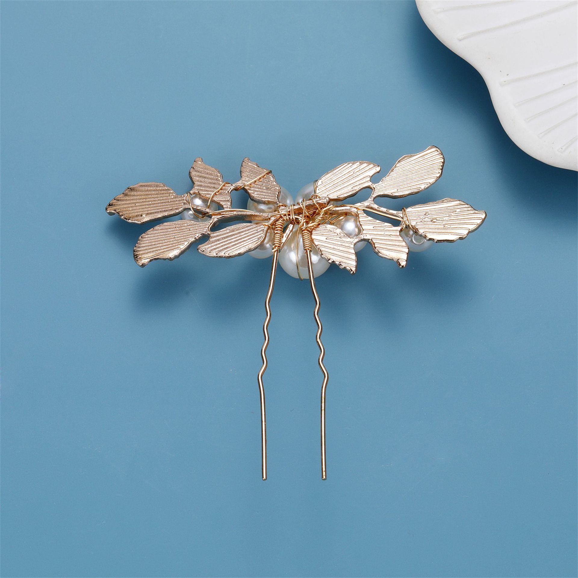 Gold Leaf Pearl Bridal U Hair Pin Elegant Vintage Wedding Party Women Floral Hair Accessory - Image 4