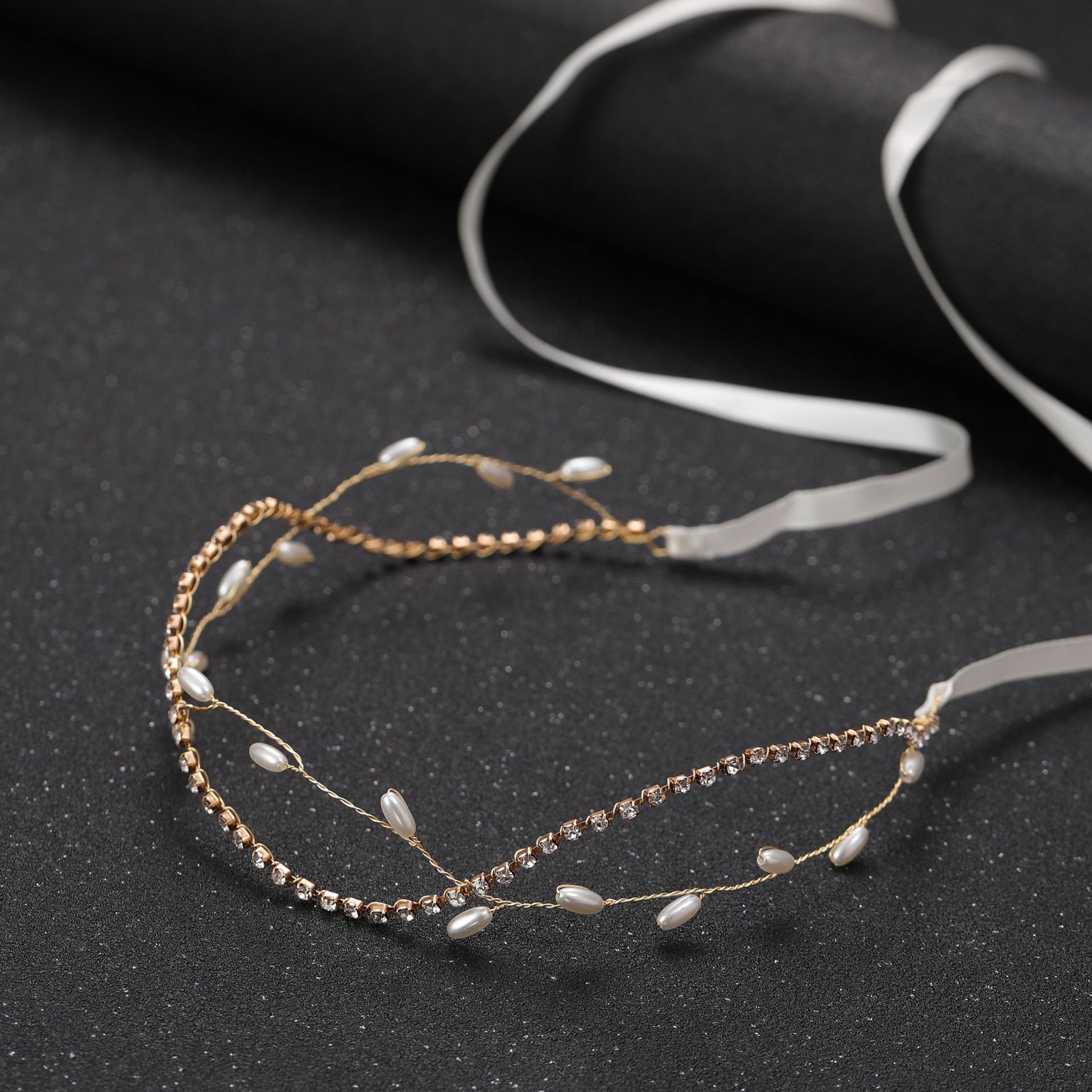 Gold Rhinestone Pearl Satin Ribbon Bridal Headband Delicate Wedding Party Women Boho Thin Hair Accessory - Image 4