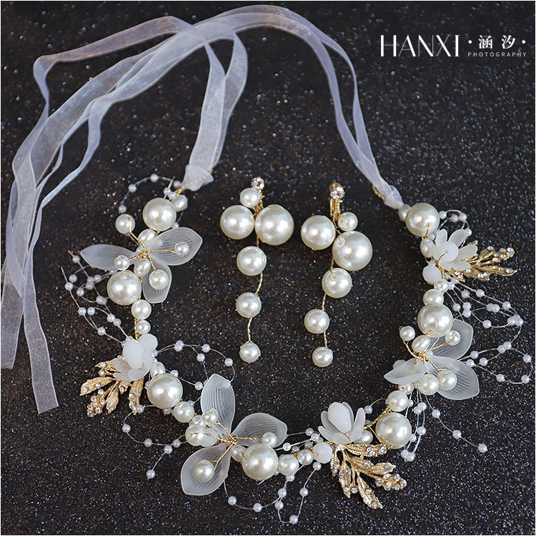 Gold Pearl Flower Bridal Headband Earrings Set Elegant Wedding Party Women Floral Ribbon Hair Accessories - Image 4