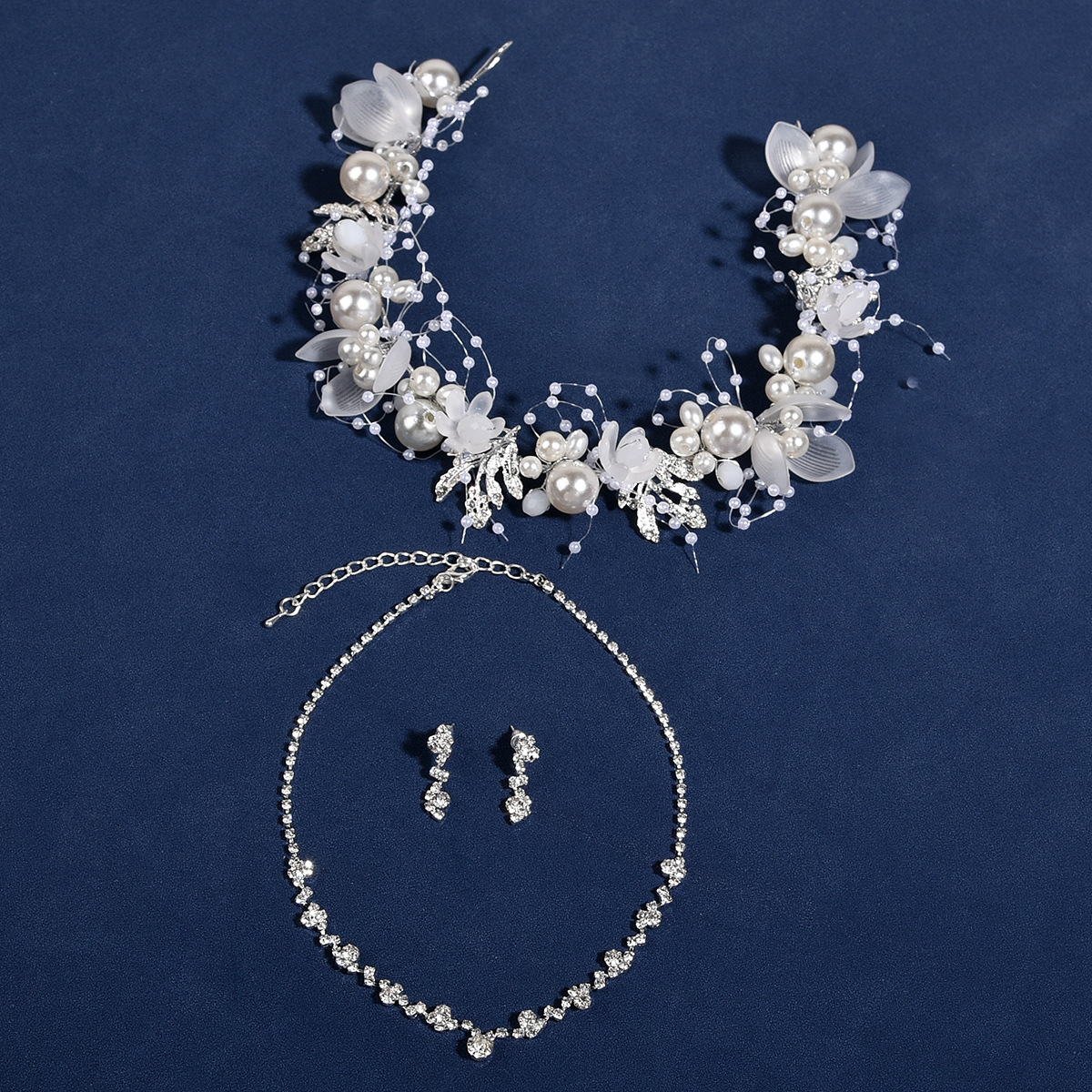 Silver Pearl Flower Bridal Headband Necklace Earrings Set Elegant Wedding Party Women Floral Bridal Accessories - Image 4