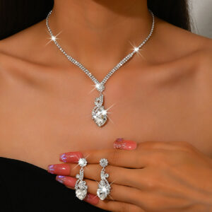Luxury Heart Crystal Pendant Necklace Earrings Jewelry Set Rhinestone Tennis Chain For Women Wedding Party