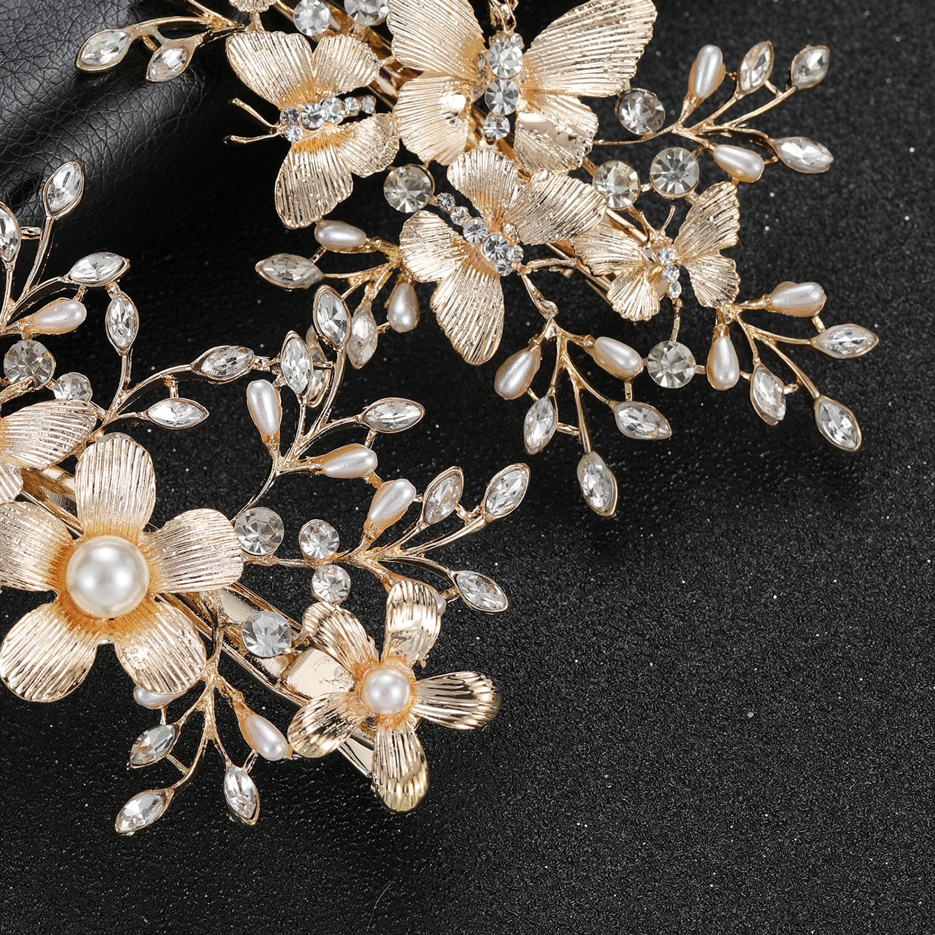 Gold Floral Butterfly Pearl Crystal Bridal Hair Clips Wedding Head Accessories - Image 4