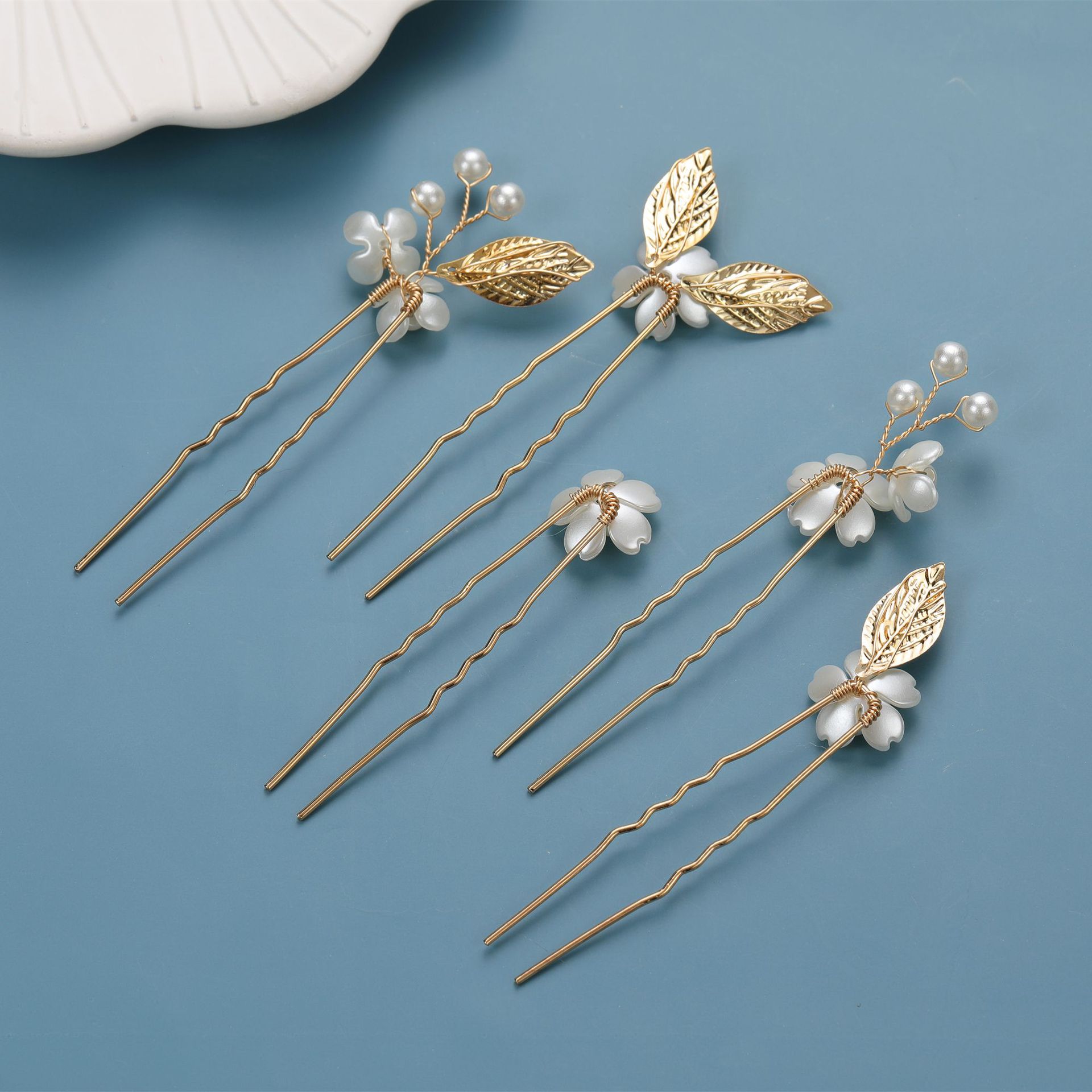 Handmade Cherry Blossom Pearl Hairpin Pack Golden Leaf Wave U Shaped Hair Sticks for Bride Updo Hairstyle - Image 4