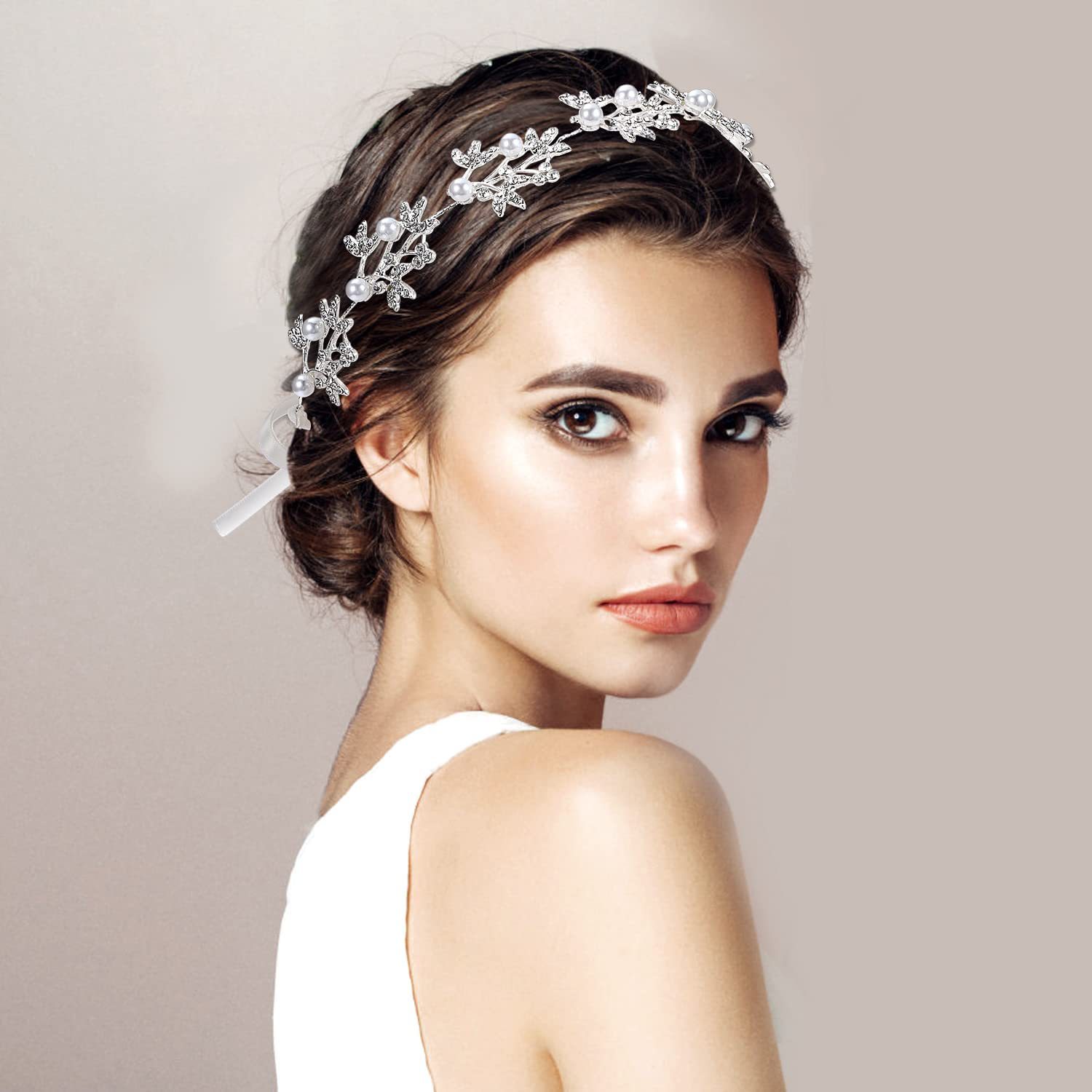 Elegant Floral Leaf Pearl Crystal Silver Bridal Hairband Ideal for Bride Bridesmaid Wedding Gown Styling - Image 4