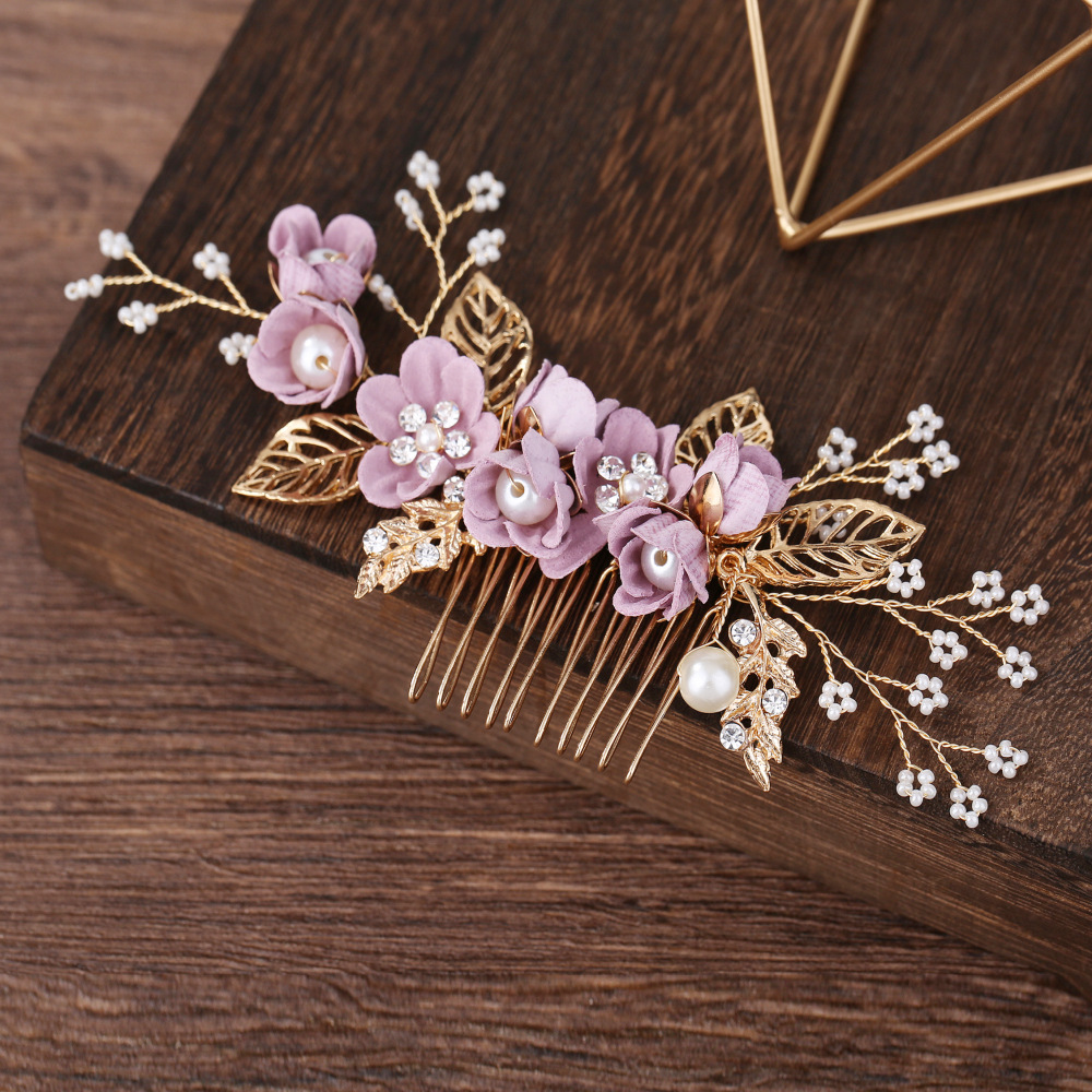 Gold‑Leaf Purple Fabric Flower Pearl Bridal Hair Comb Pins Set Wedding Hair Accessory for Women Gift - Image 4