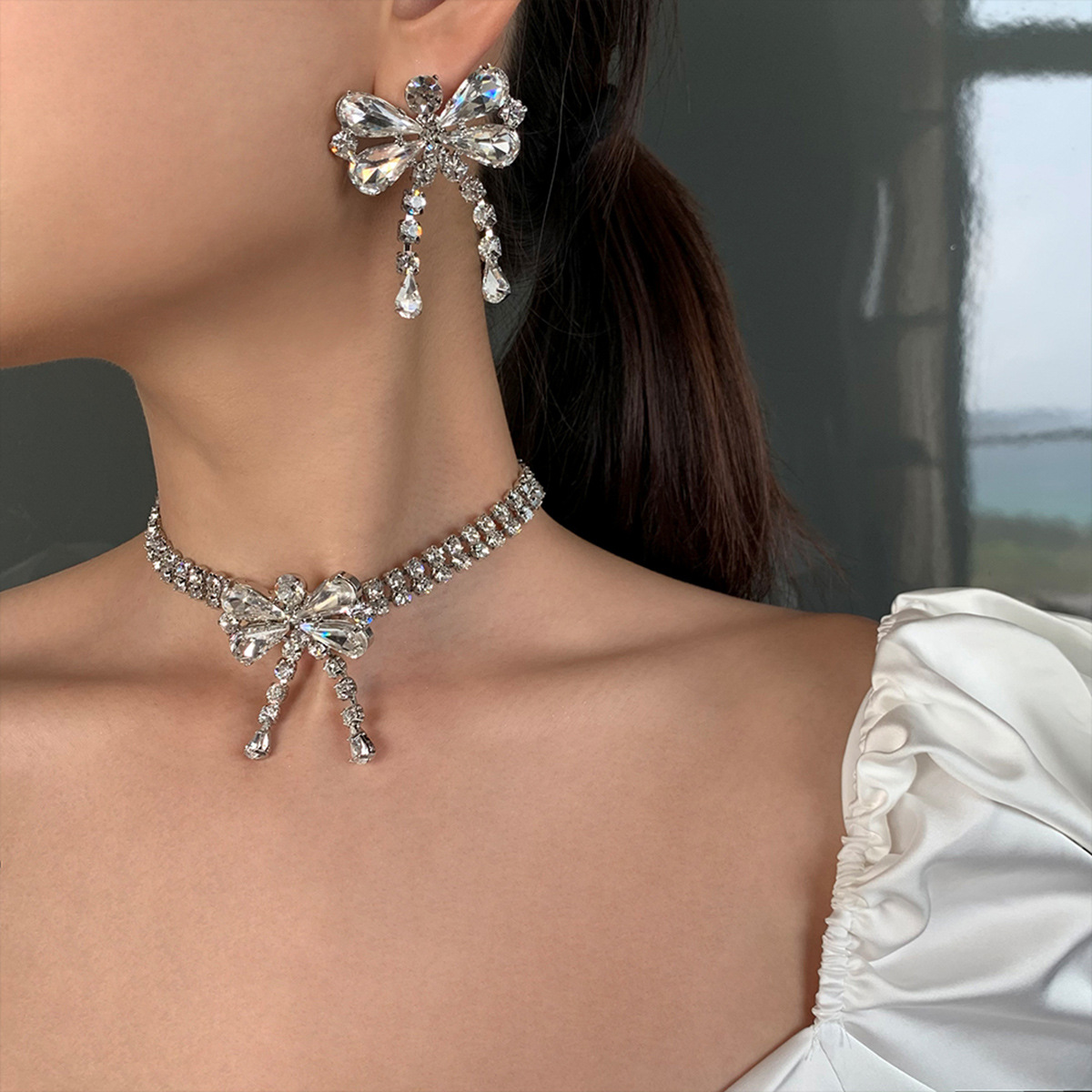 Silver‑Tone Flower Crystal Drop Jewelry Set Necklace Earrings Ring Formal Wedding Party for Women Gift - Image 4