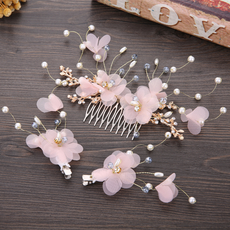 Red Chiffon Flower Pearl Crystal Gold‑Wire Bridal Hair Comb And Clips Wedding Accessory Set for Women Gift - Image 4