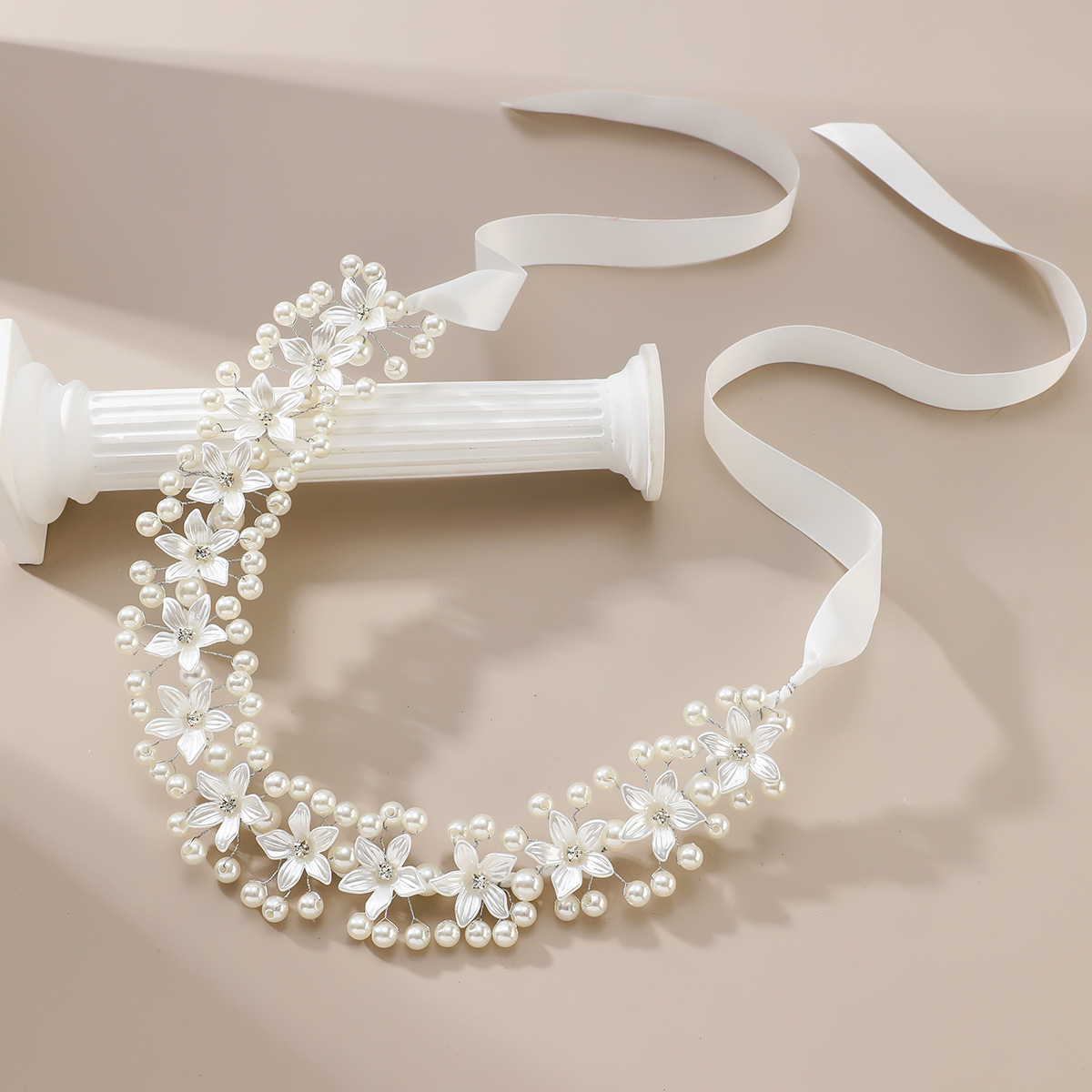 Pearl Flower Bridal Headband White Satin Ribbon Adjustable Wedding Hair Wreath for Women Gift - Image 4