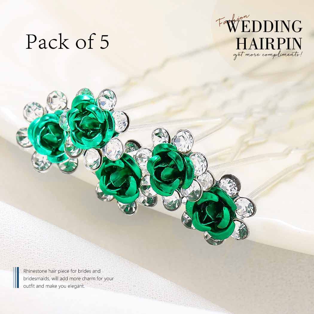 Green Rose Flower Rhinestone Silver U‑Shaped Hair Pins Bridal Hair Accessories for Women Gift - Image 4