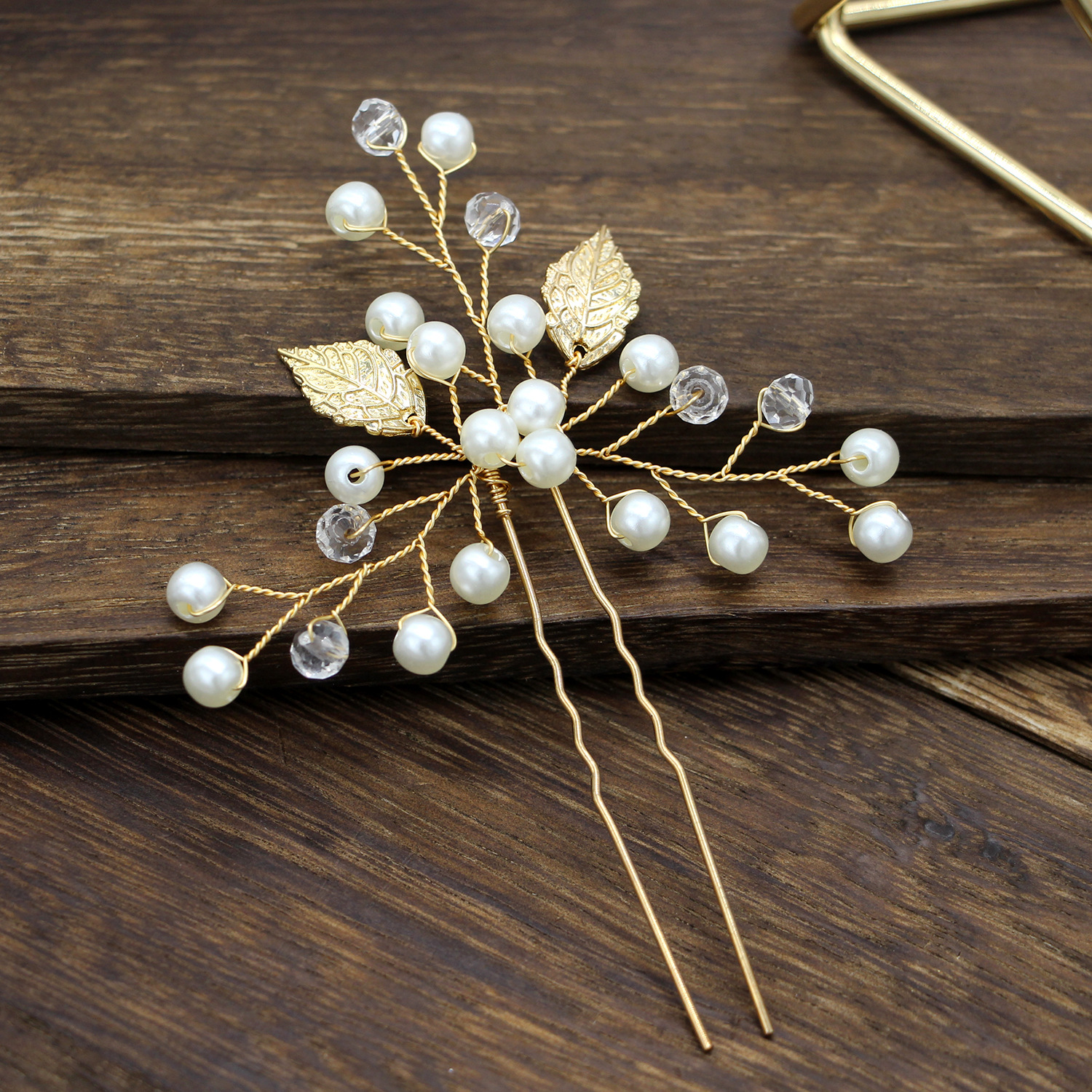 Silver Leaf Pearl Crystal Hairpin Set Bohemian Wedding Bridal U Shaped Hair Sticks - Image 4