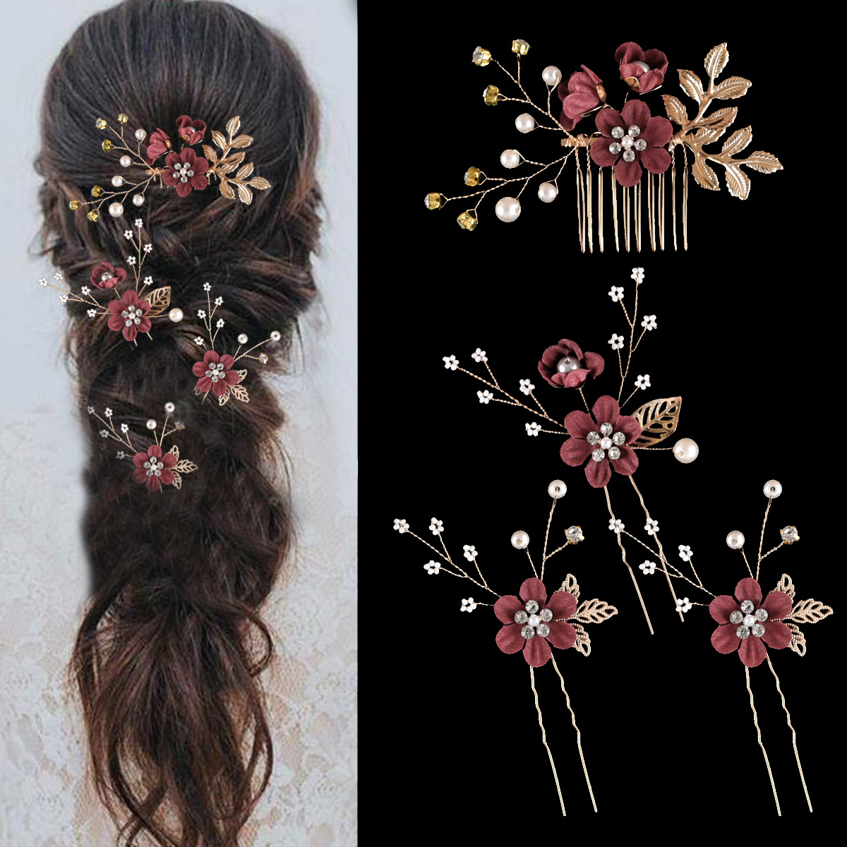 Dusty Blue Flower Pearl Hair Comb & Hairpin Set Bohemian Wedding Bridesmaid Hair Jewelry - Image 4
