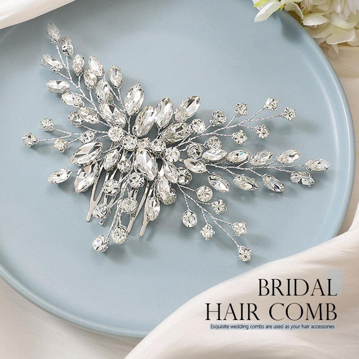 Silver Rhinestone Floral Hair Comb Sparkling Crystal Wedding Bridal Side Hair Jewelry - Image 4