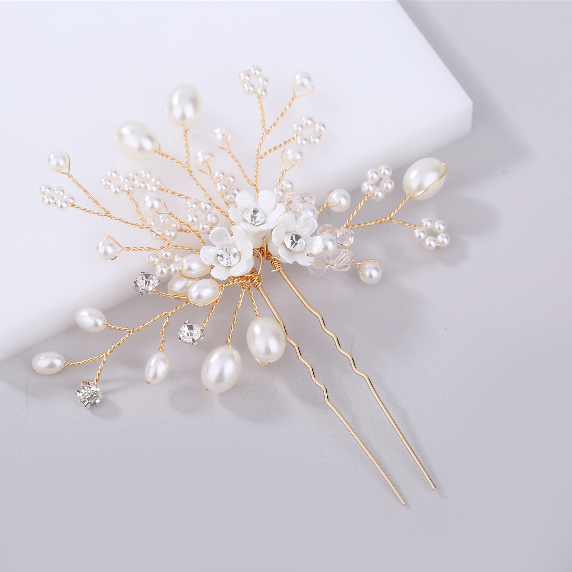 Pearl Crystal Flower Twig Hairpin Silver U Shaped Hair Stick Wedding Bridal Hair Jewelry - Image 4