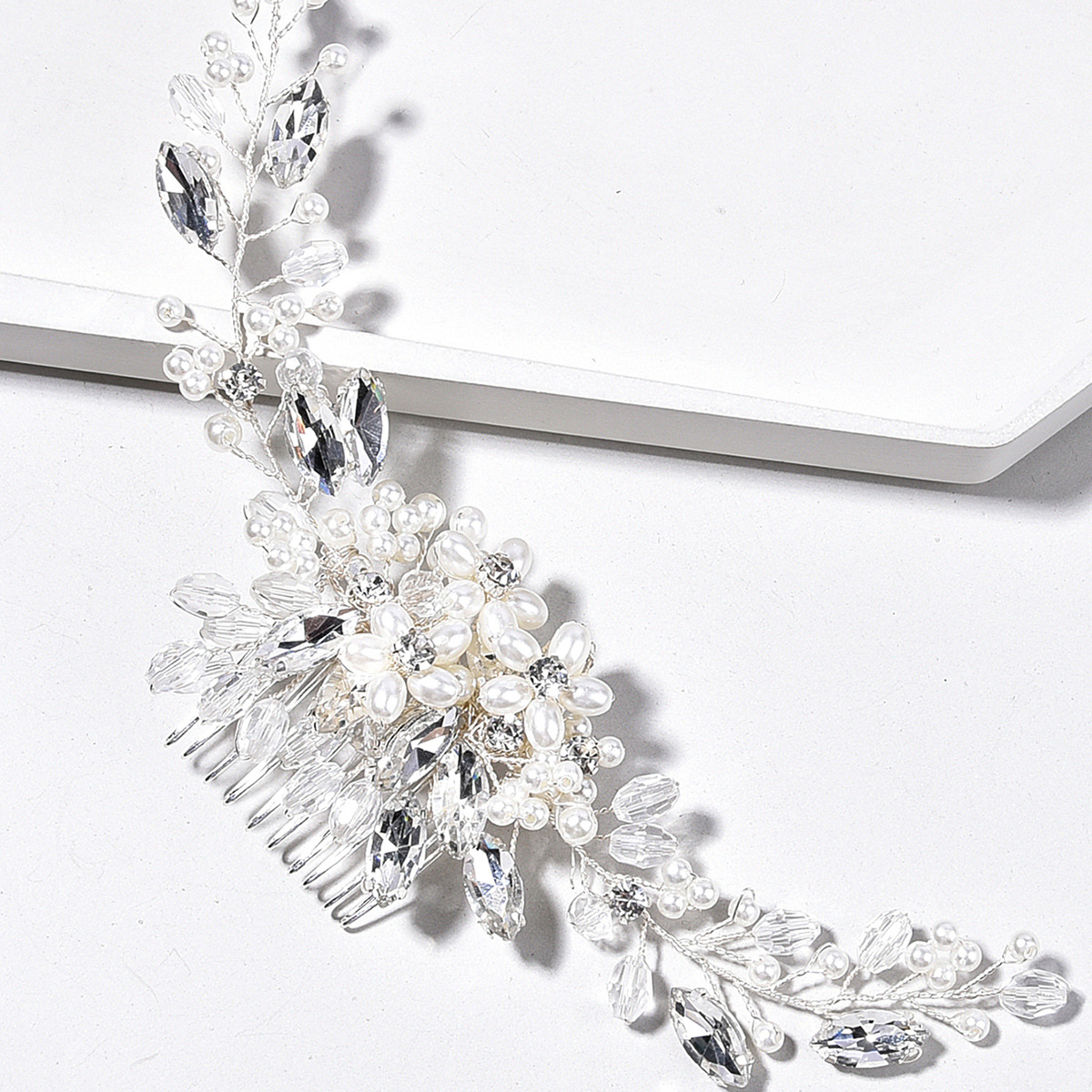 Gold Crystal Pearl Wedding Hair Comb Bridal Floral Hairpiece - Image 4