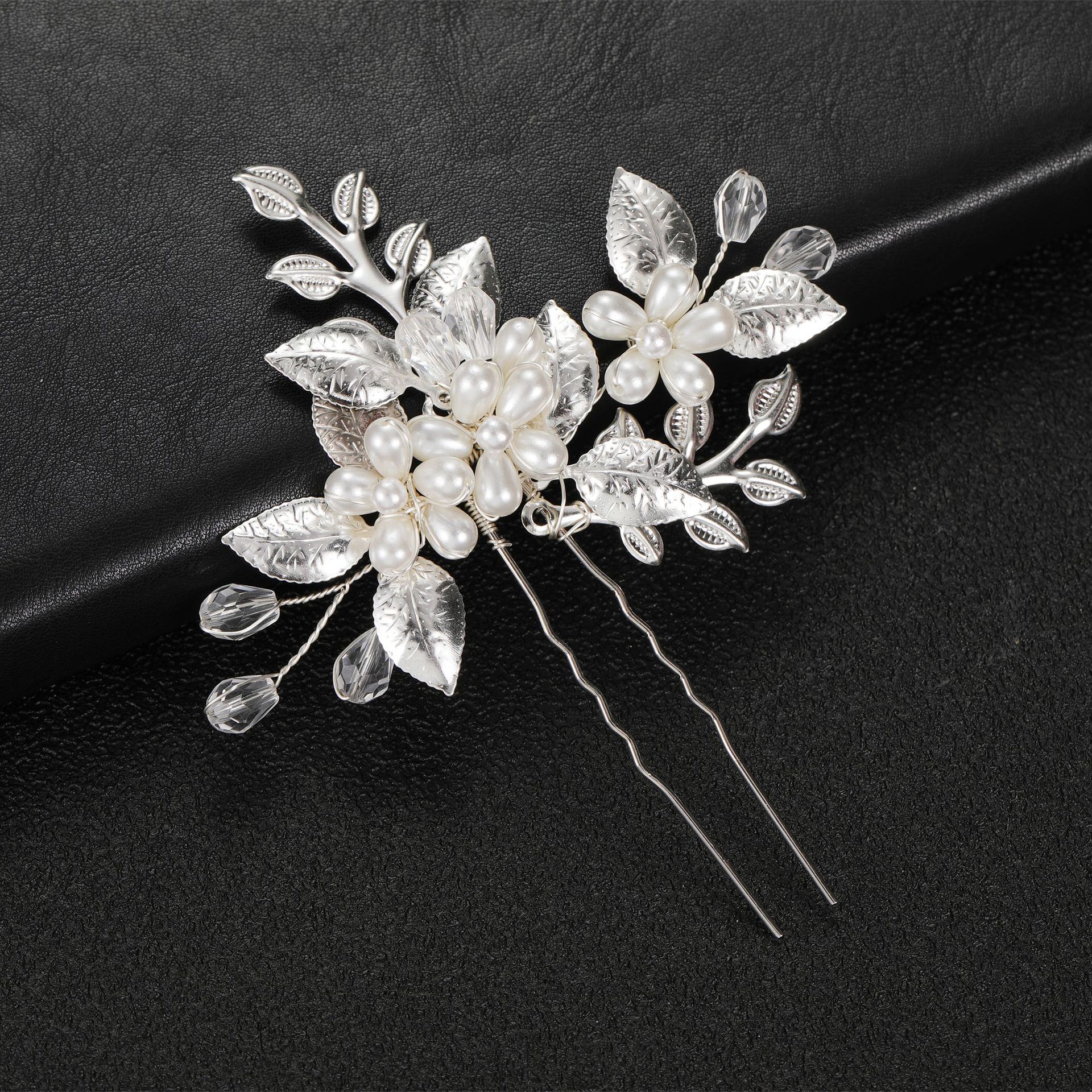 Handmade Vintage Silver Metal Leaf Branch Hair Pin with Pearl & Clear Crystal Elegant Bridal Updo Hair Fork for Wedding Prom - Image 4