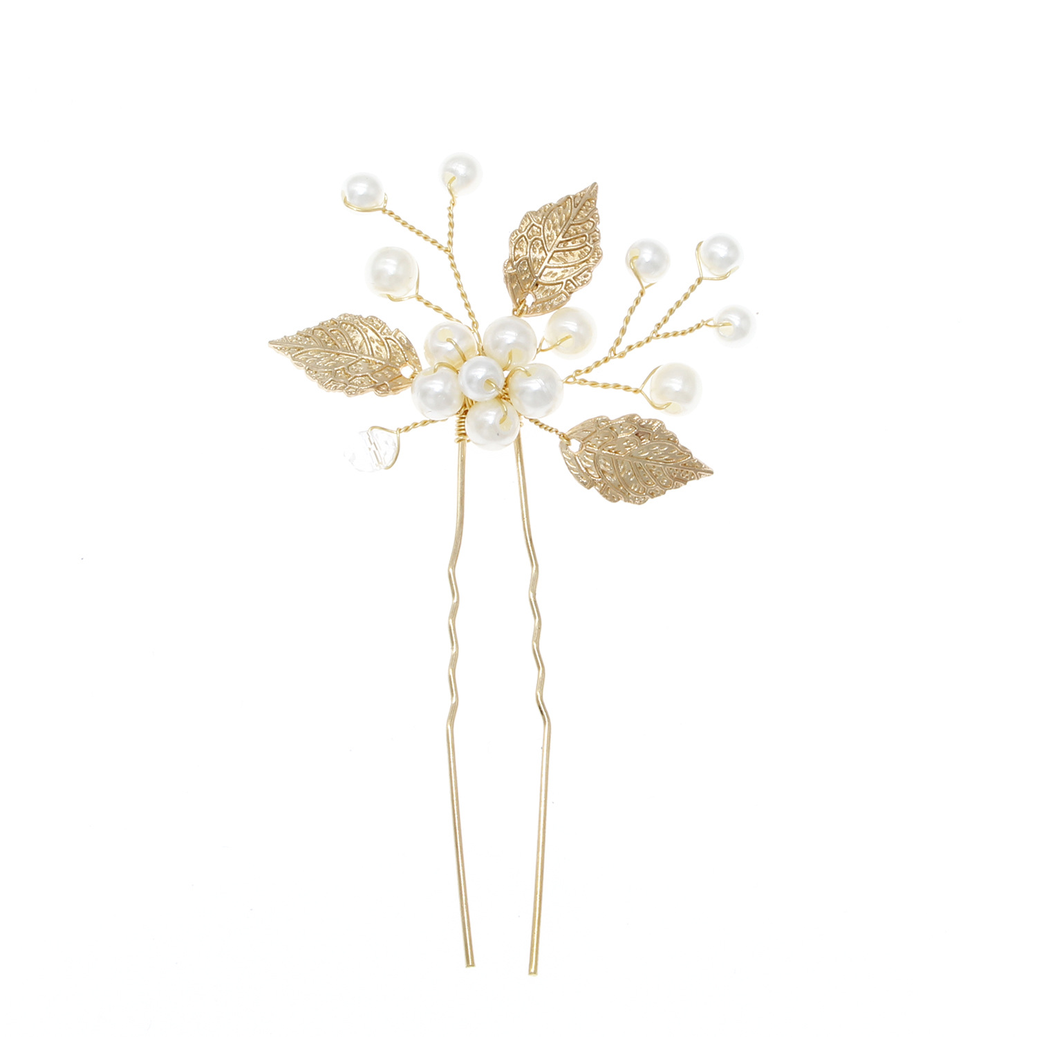 Golden Leaf Pearl Hairpin Bridal Wedding Hair Stick - Image 4