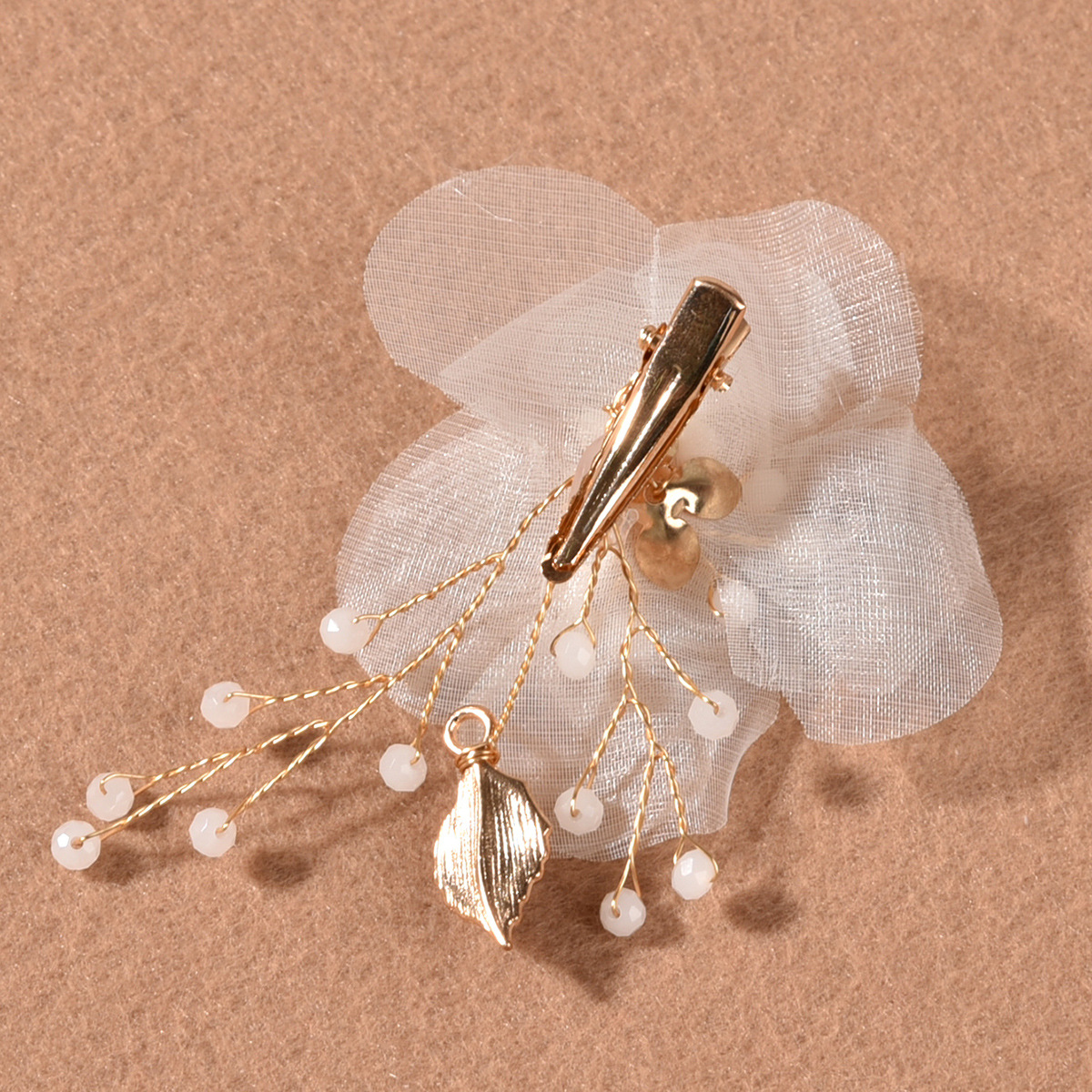 3Pcs Champagne Tulle Flower Hair Clips, Sheer Fabric Floral Pearl Leaf Bridal Hair Pins Wedding Hair Accessories Set - Image 4