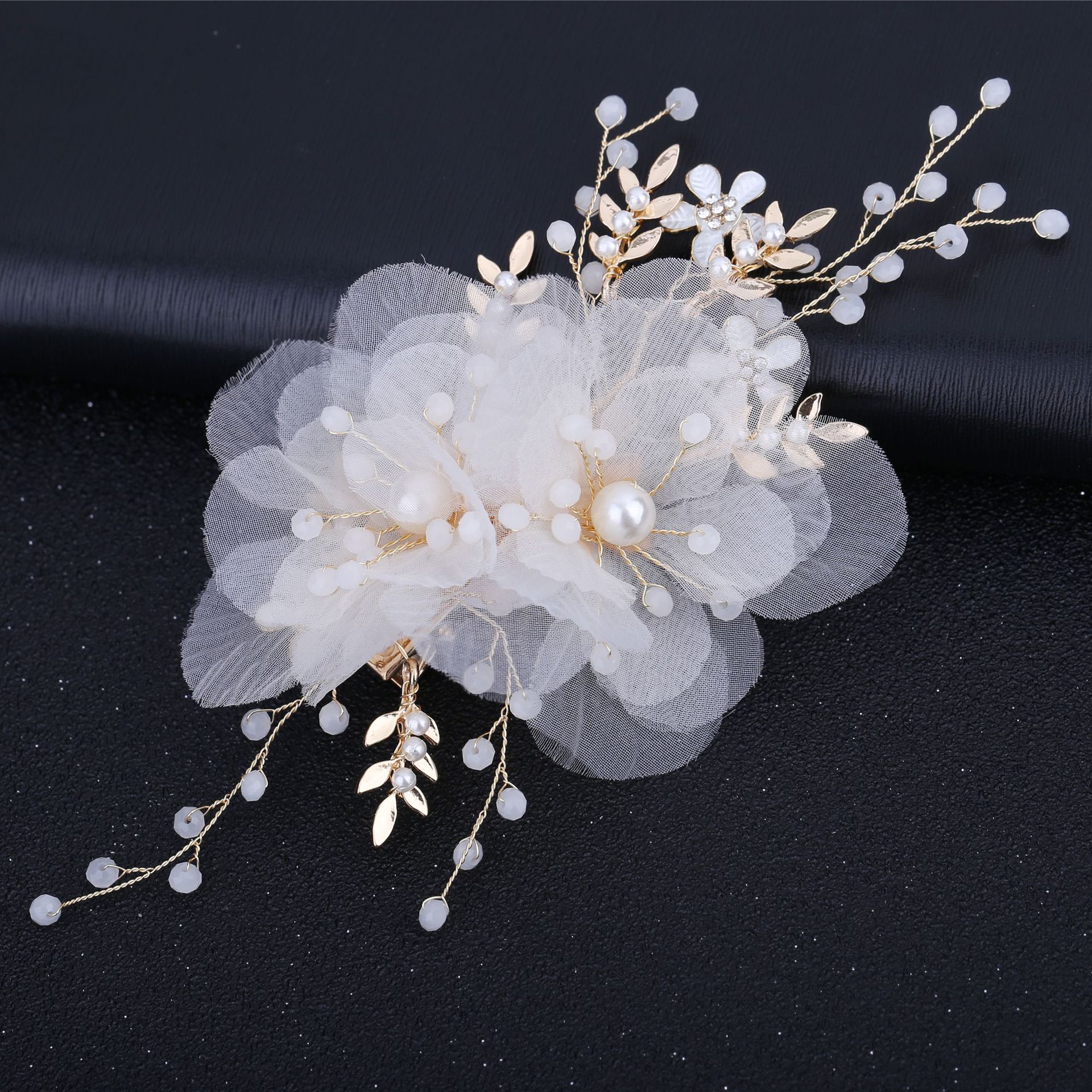 Champagne Sheer Tulle Flower Bridal Hair Clip, Handmade Organza Floral Pearl Beads Hair Barrette Wedding Hair Accessory - Image 4