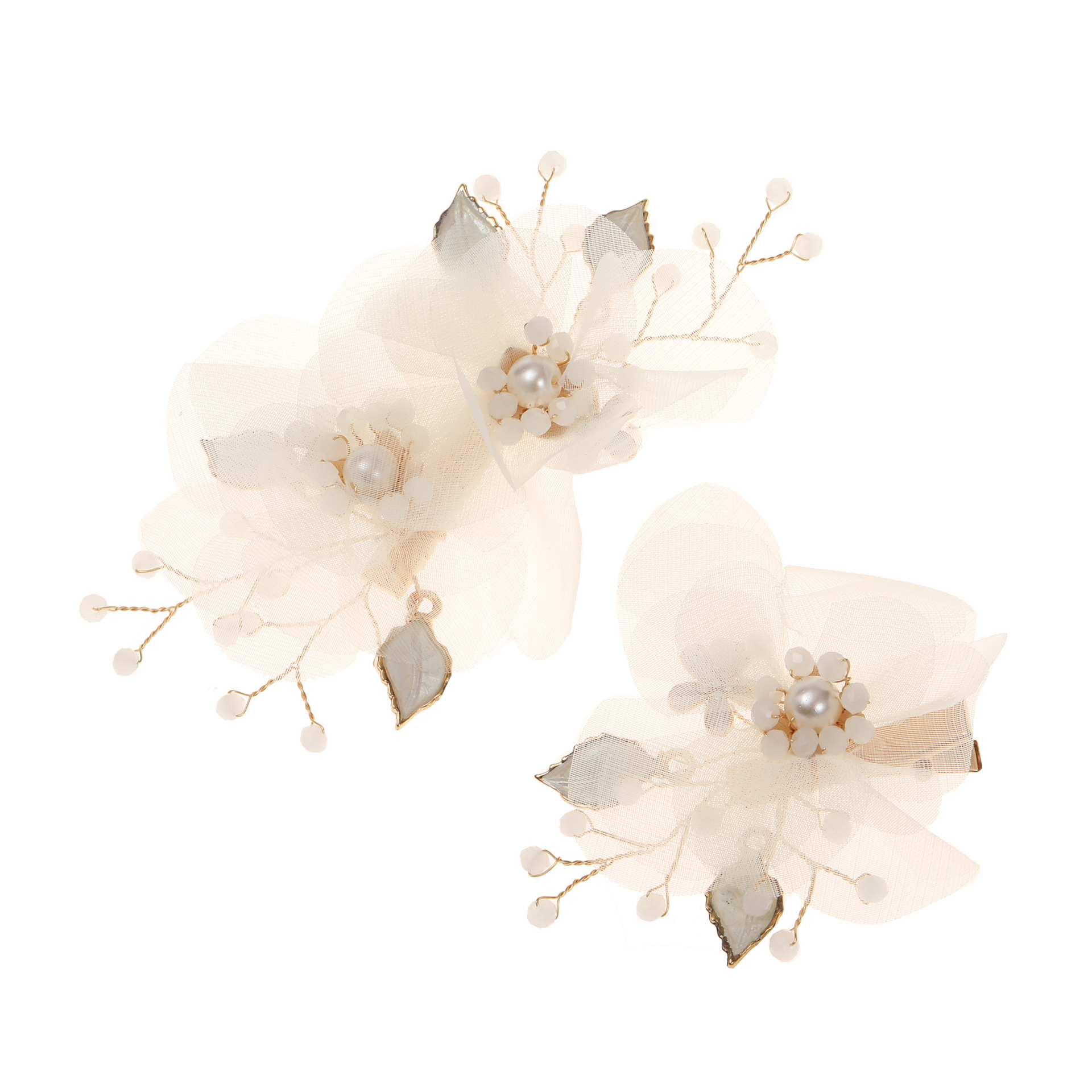 2Pcs White Tulle Flower Hair Pins, Sheer Fabric Floral Pearl Leaf Bridal Hair Clips Wedding Updo Hair Accessories Set - Image 4