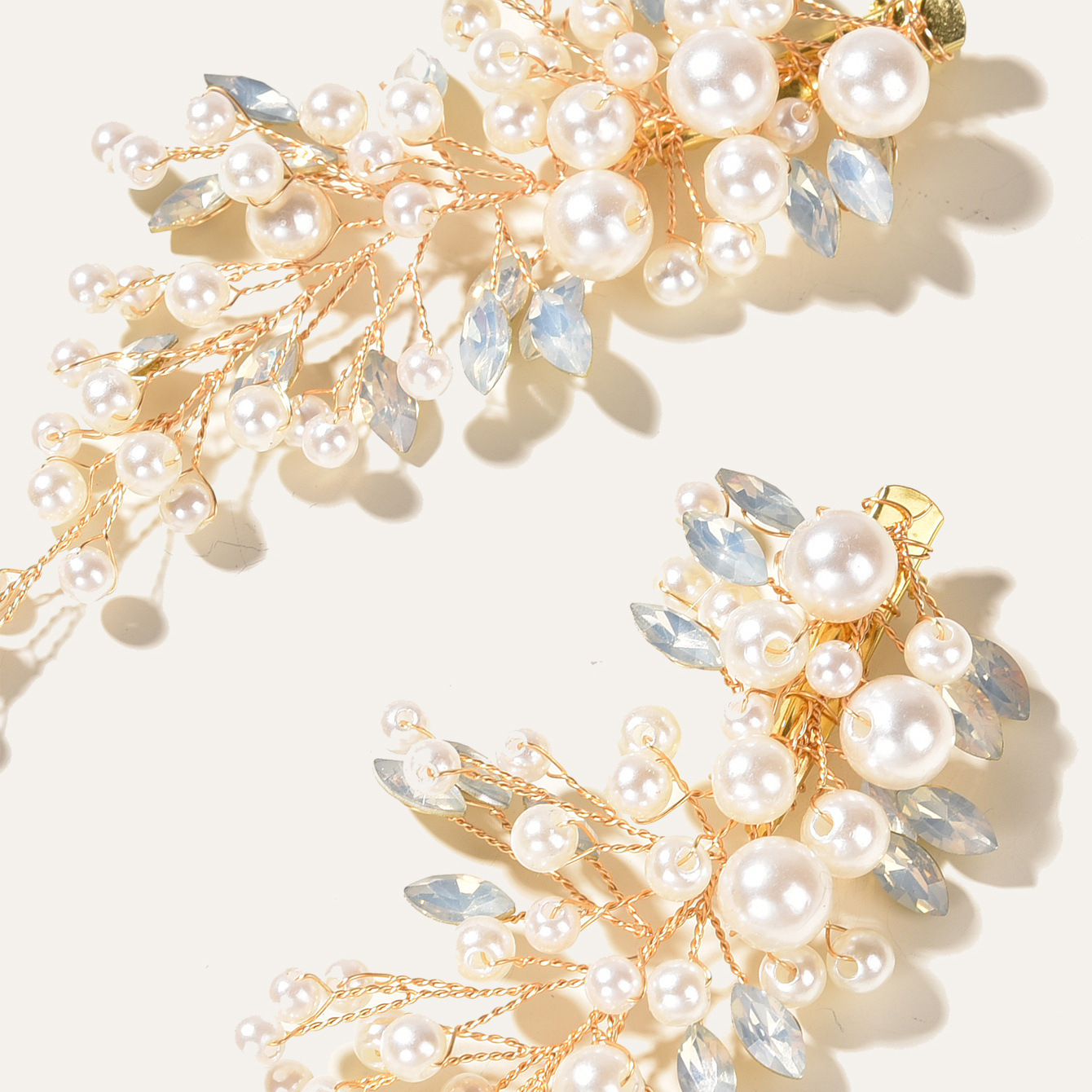 Pearl Blue Crystal Branch Hair Clips Gold Bridal Wedding Hairpin Pair - Image 4