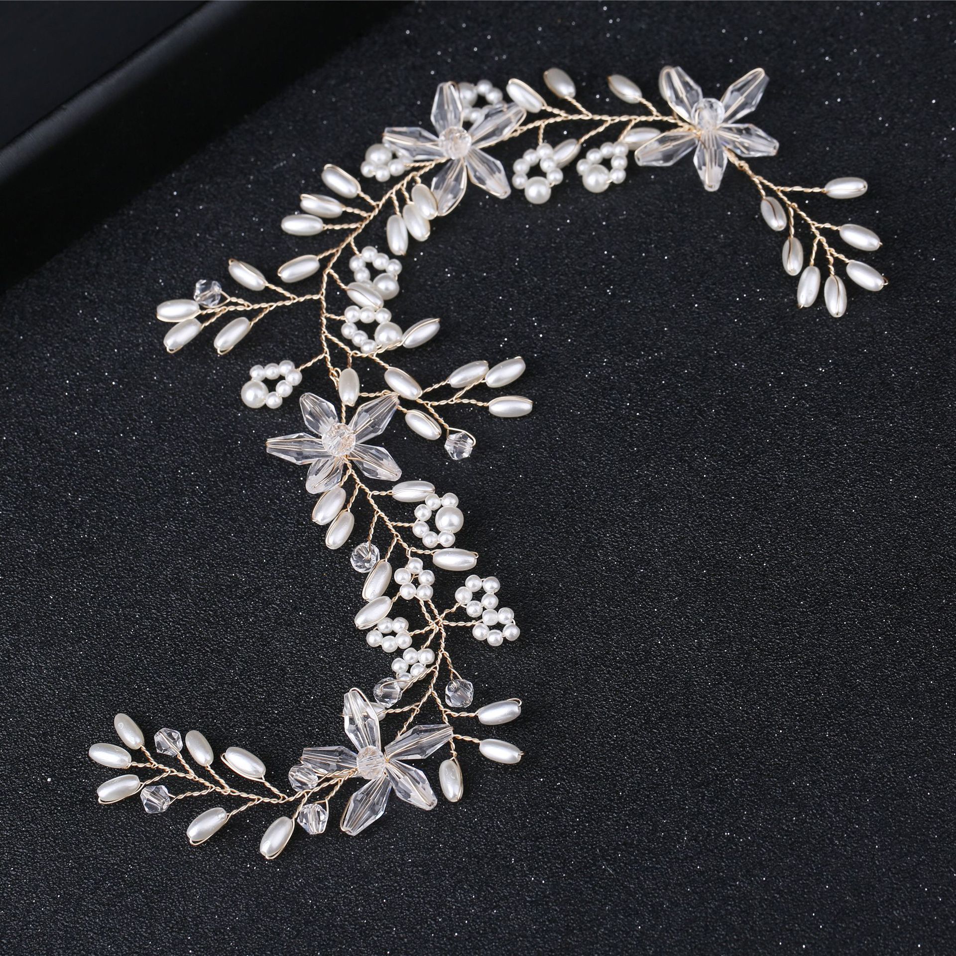 Pink Crystal Pearl Floral Hair Vine Rose Gold Wedding Headpiece - Image 4