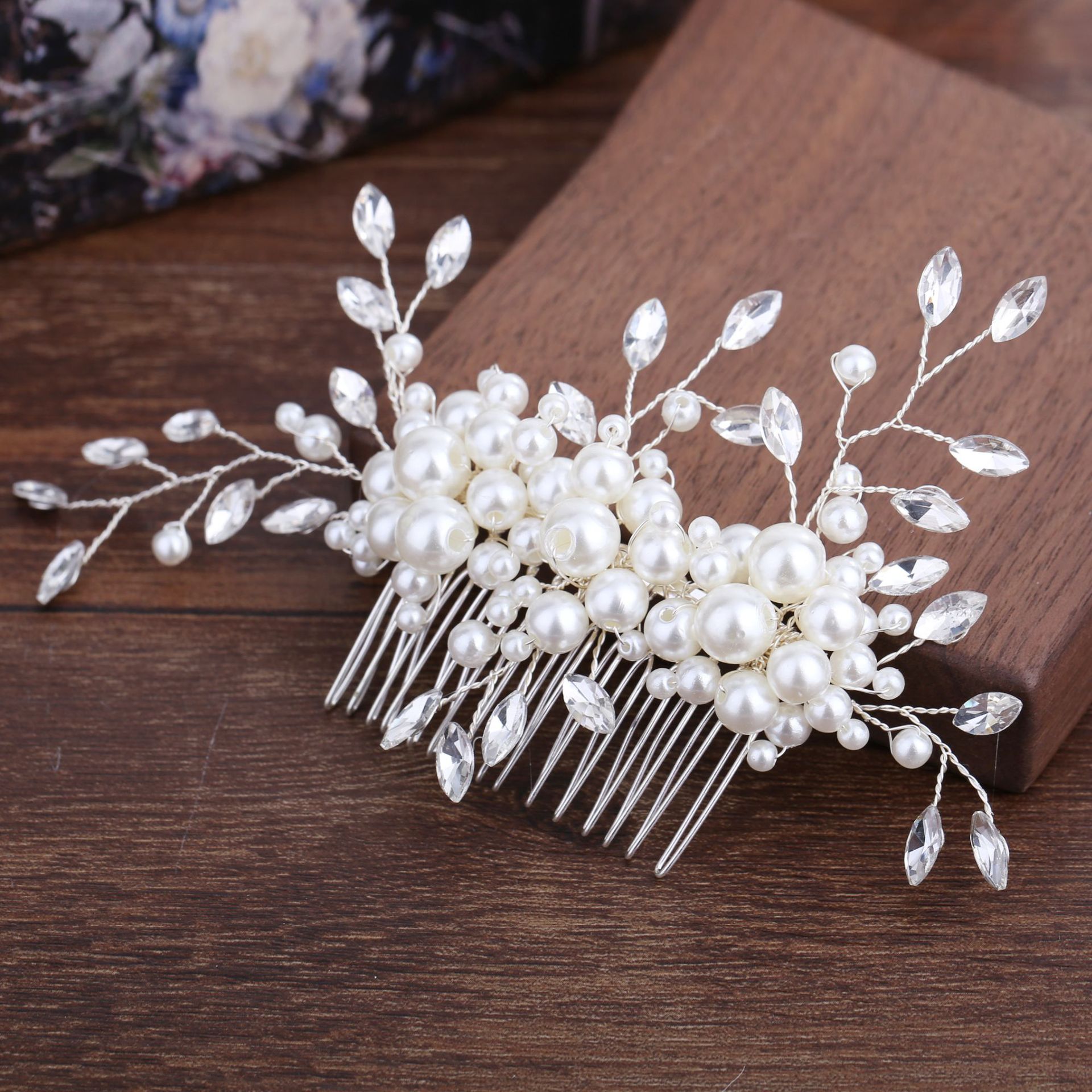Pearl & Marquise Crystal Silver Hair Comb Wedding Bridal Hair Accessory - Image 4