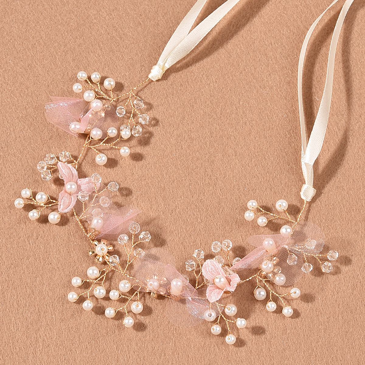 Blush Pink Tulle Flower Pearl Ribbon Bridal Headband, Adjustable Floral Wedding Hair Wreath - Image 4