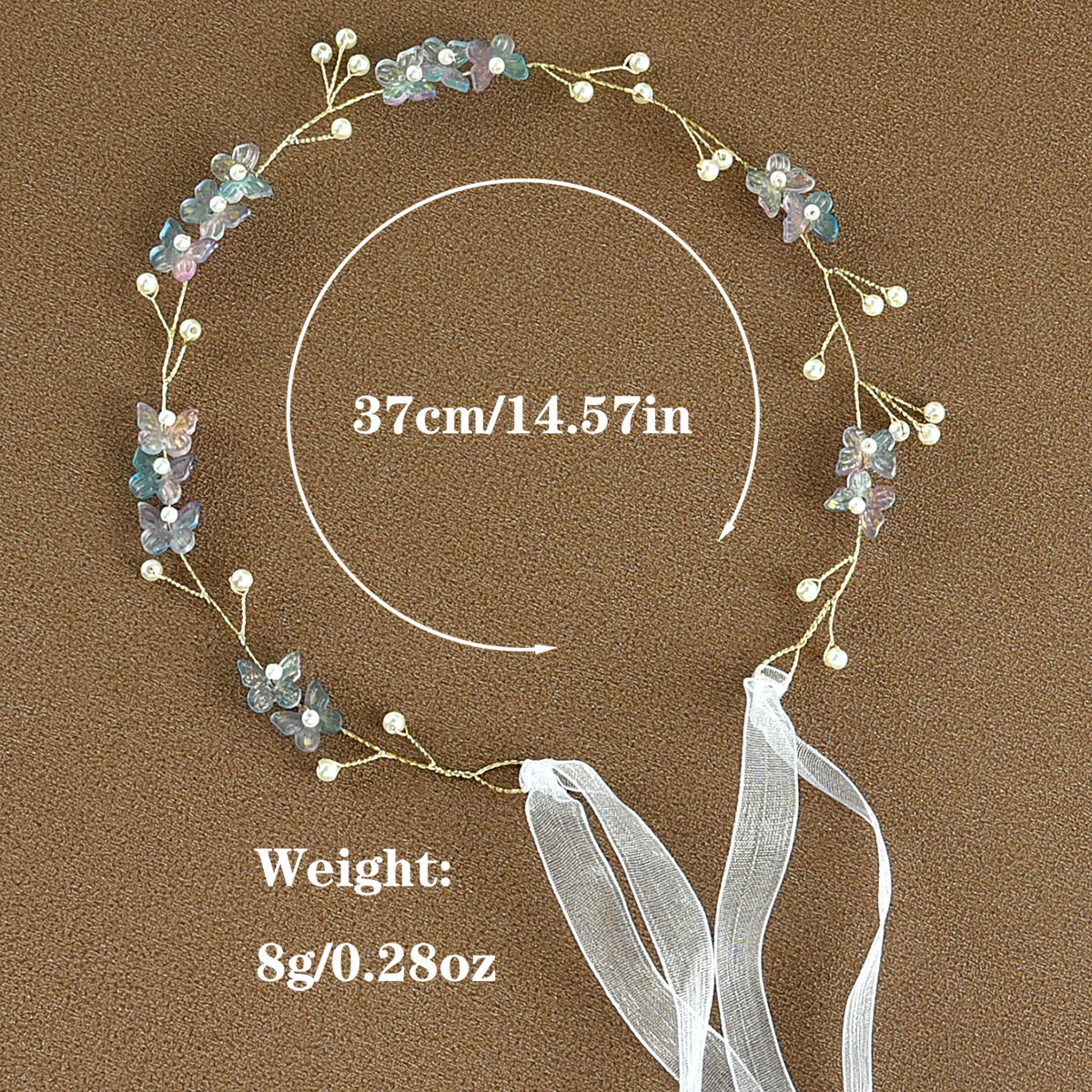 Blush Pink Flower Pearl Gold Hair Vine with Sheer White Ribbon Bridal Headband - Image 4