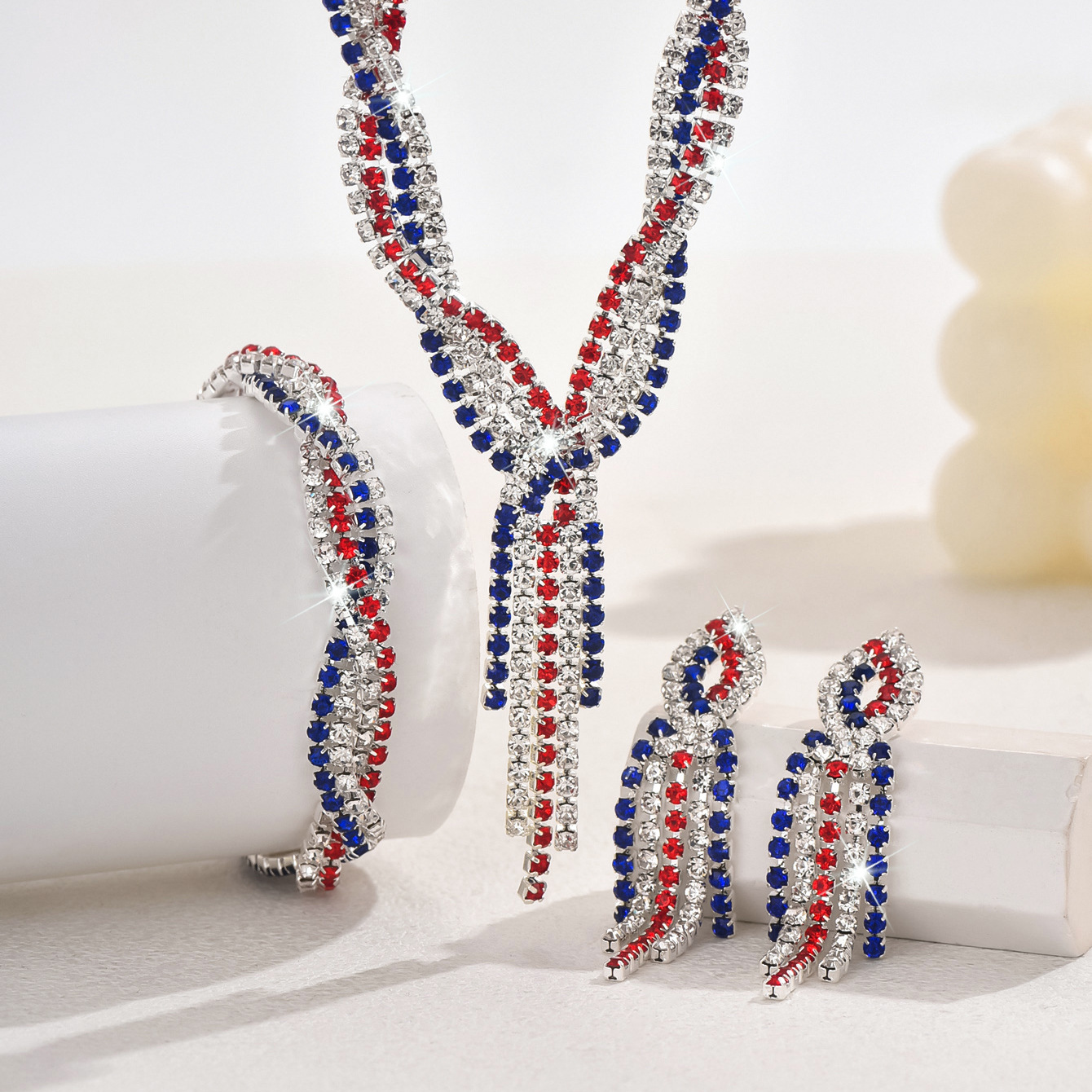Twisted Tassel Dangle Full Rhinestone Three Pieces Formal Jewelry Set For Women Party Occasions - Image 5
