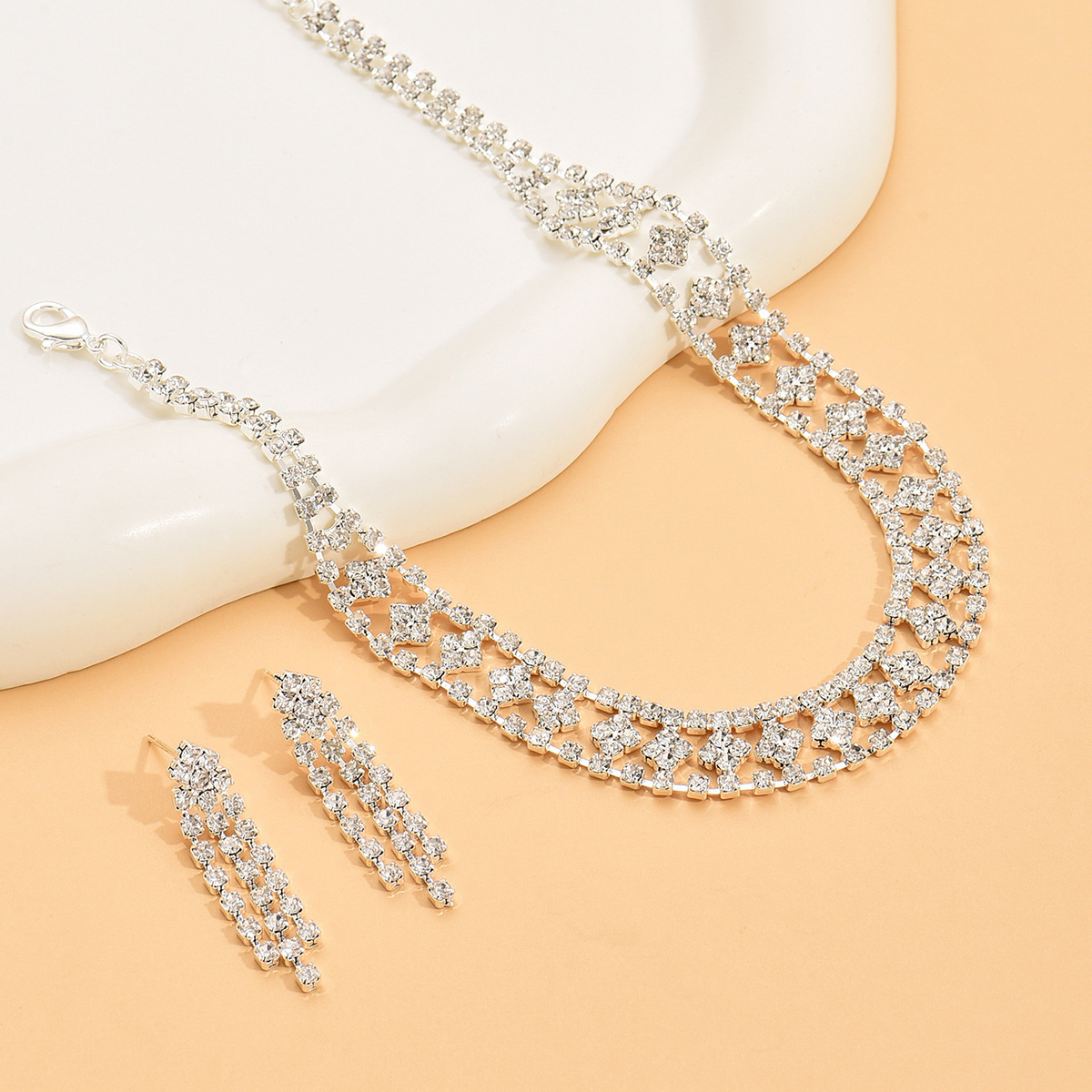 Glamorous Rhinestone Inlaid Choker Dangle Drop Earring Elegant Party Jewelry Accessory Set - Image 5