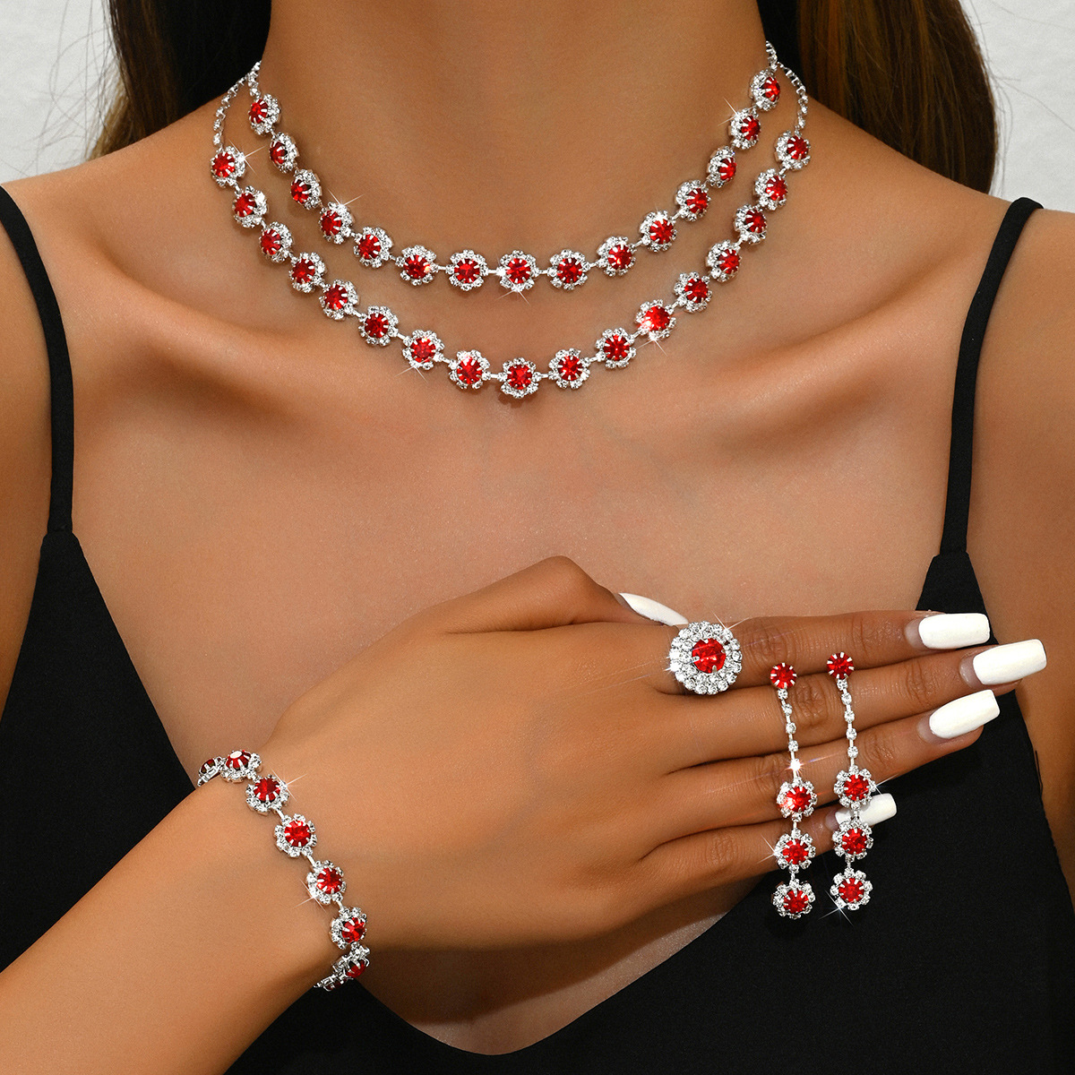 Sparkling Floral Cluster Necklace Bracelet Earrings Women Formal Occasion Jewelry Complete Set - Image 3