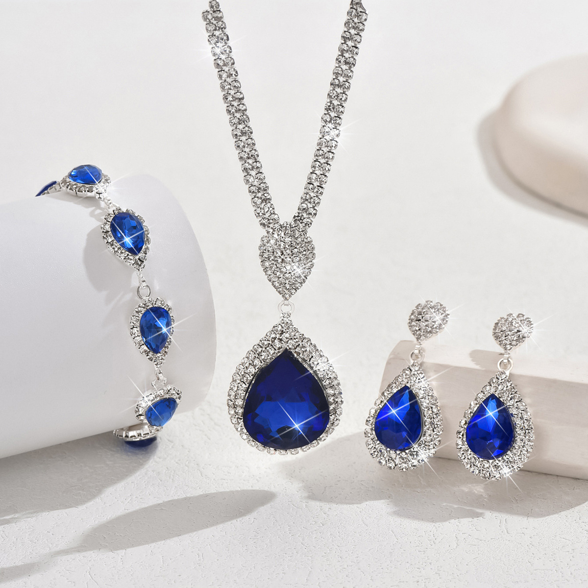 Pear Shape Halo Gem Pendant Necklace Bracelet Drop Earrings Women Luxury Gala Jewelry Matching Set - Image 2