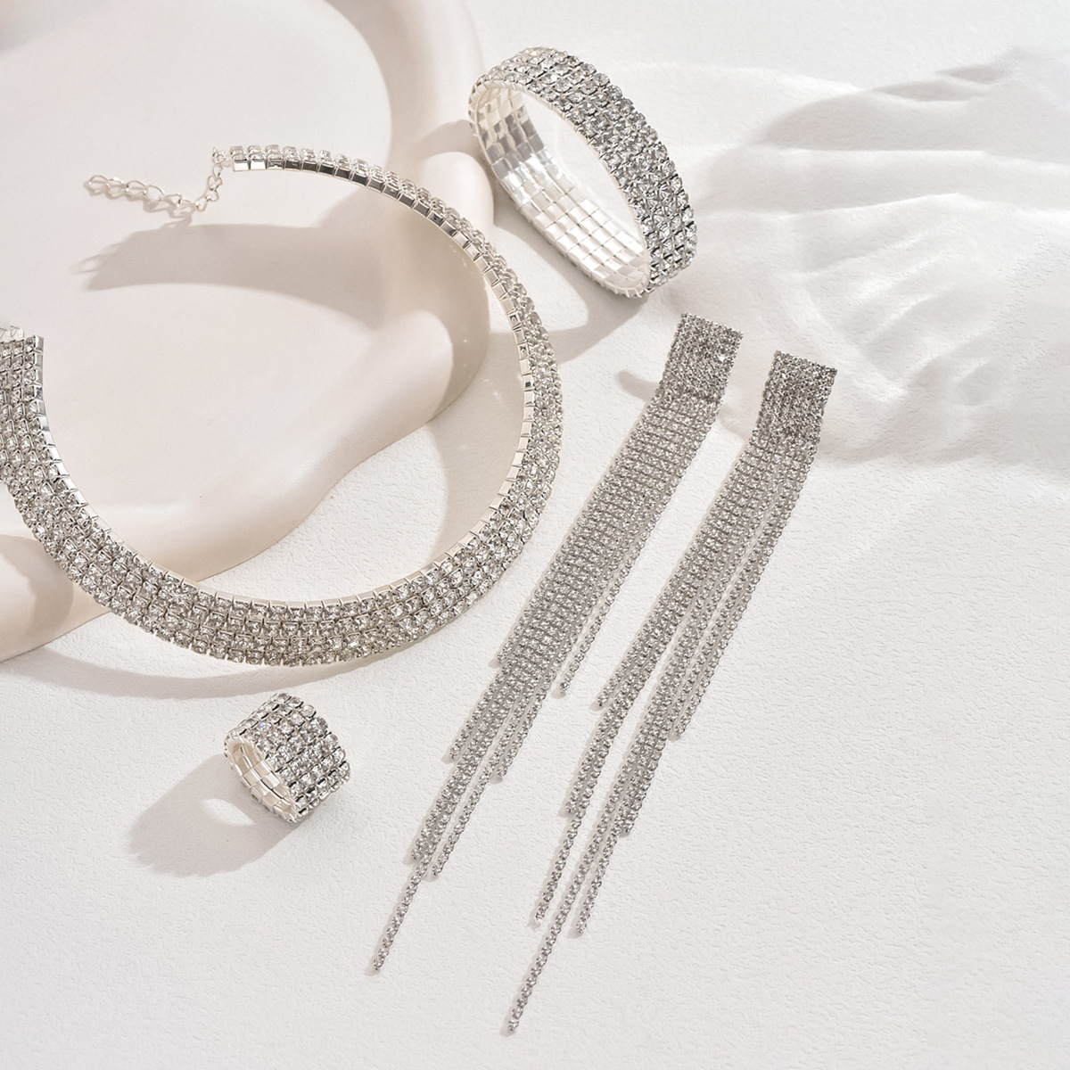 Multi Row Paved Choker Bracelet Stack Ring Long Tassel Drop Earrings Women Pageant Jewelry Full Set - Image 4