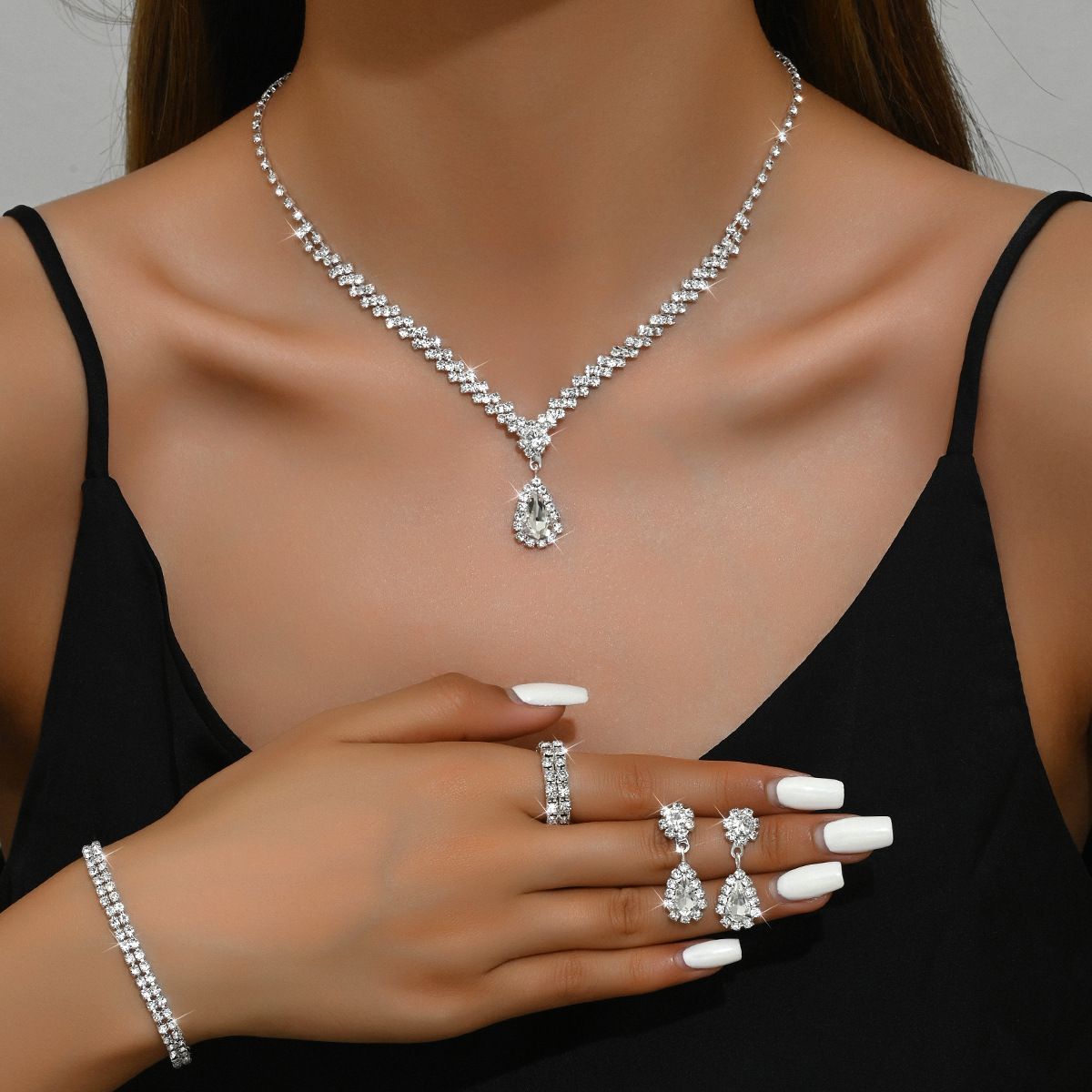 Glamorous Teardrop Gemstone Complete Jewelry Set For Special Formal Evening Party Outfit Pieces - Image 3