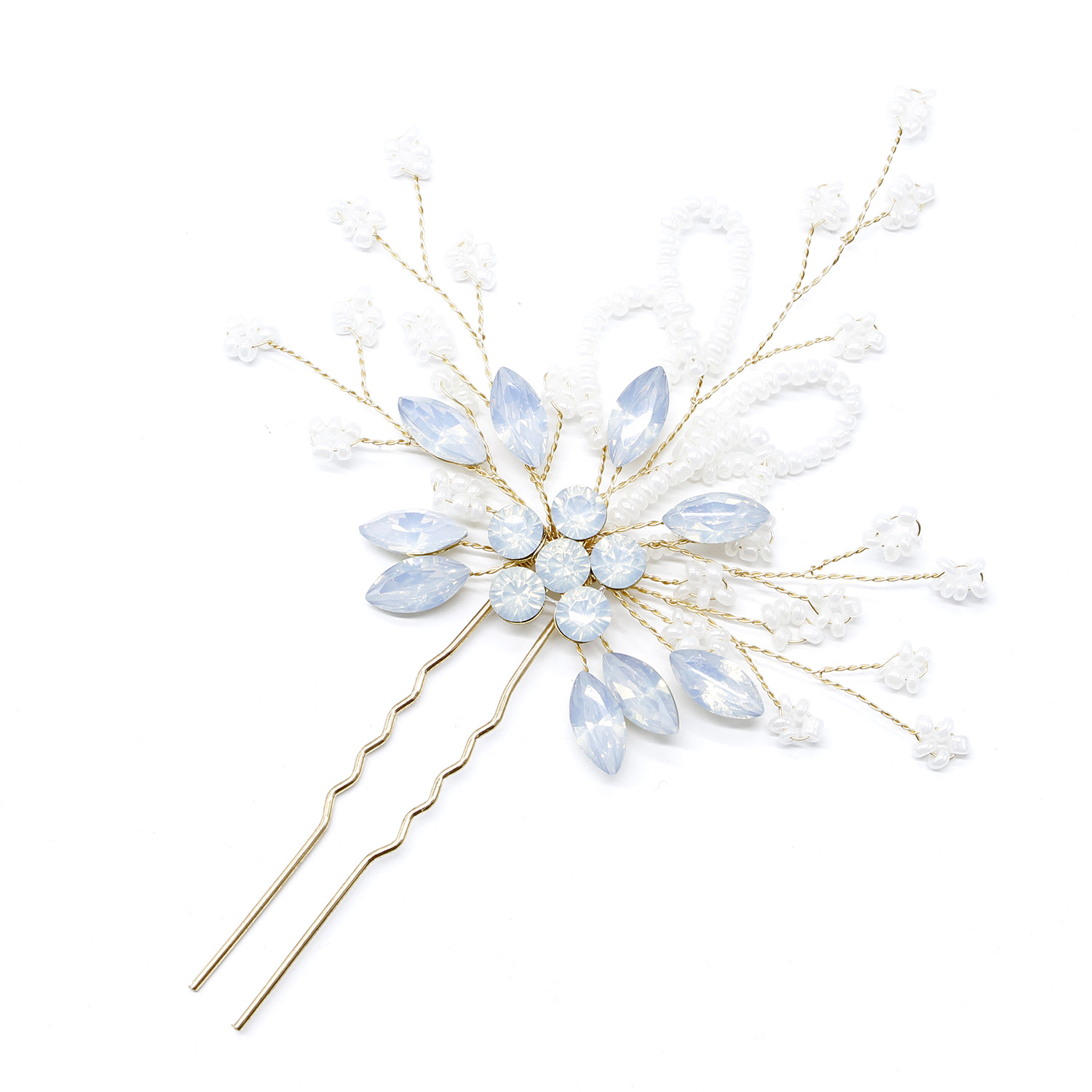 Opal Crystal Beaded Gold Hair Fork Bridal Wedding Women Elegant Hair Decor - Image 4