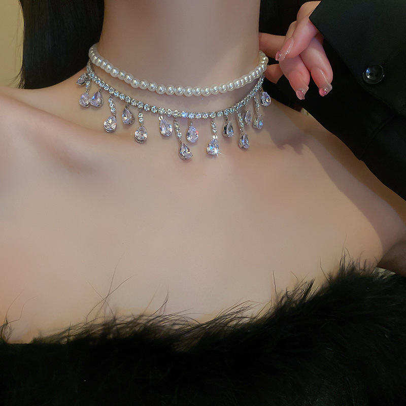 Double Layer Pearl Teardrop Rhinestone Choker Women Formal Party Necklace - Image 4