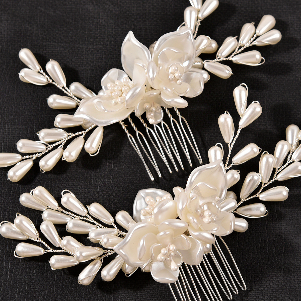 White Teardrop Pearl Floral Hair Comb Set Bridal Wedding Hair Accessories for Women - Image 4