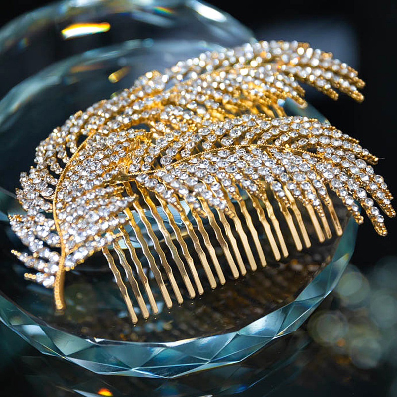 Silver Rhinestone Feather Leaf Hair Comb Bridal Wedding Party Hair Accessory for Women - Image 4