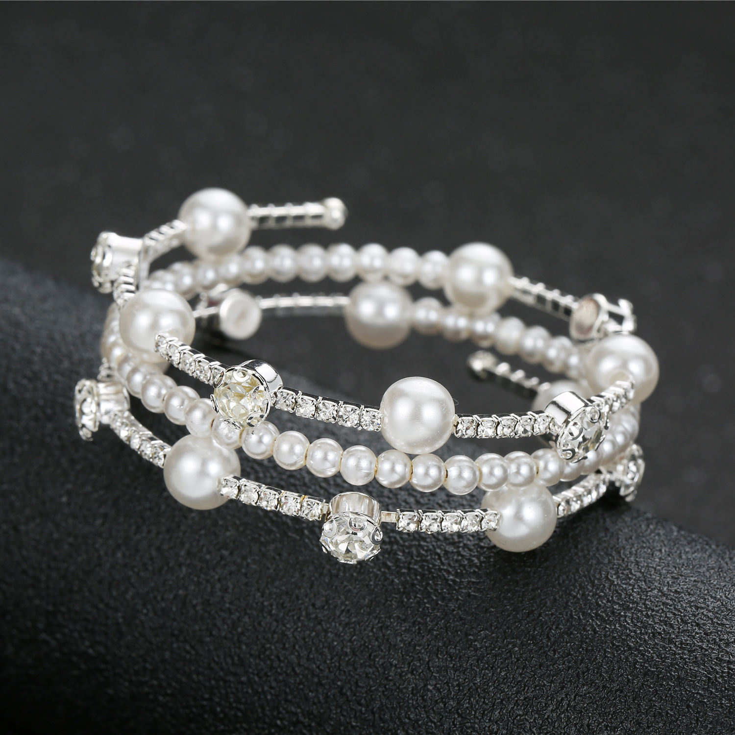 Gold Multi Layer Pearl Rhinestone Cuff Bracelet Bridal Wedding Jewelry for Women - Image 4