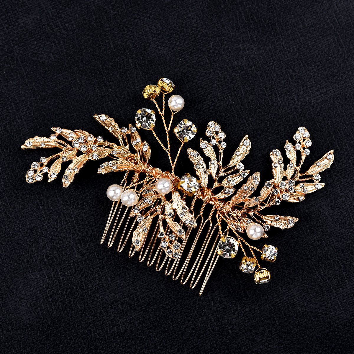 Gold Leaf Pearl Rhinestone Hair Comb Bridal Wedding Hair Accessory for Women - Image 4