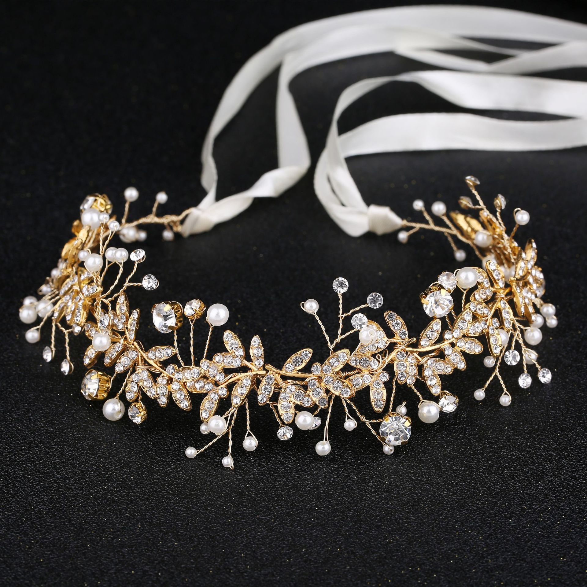Silver Pearl Crystal Ribbon Hair Vine Bridal Wedding Hair Accessory for Women - Image 4