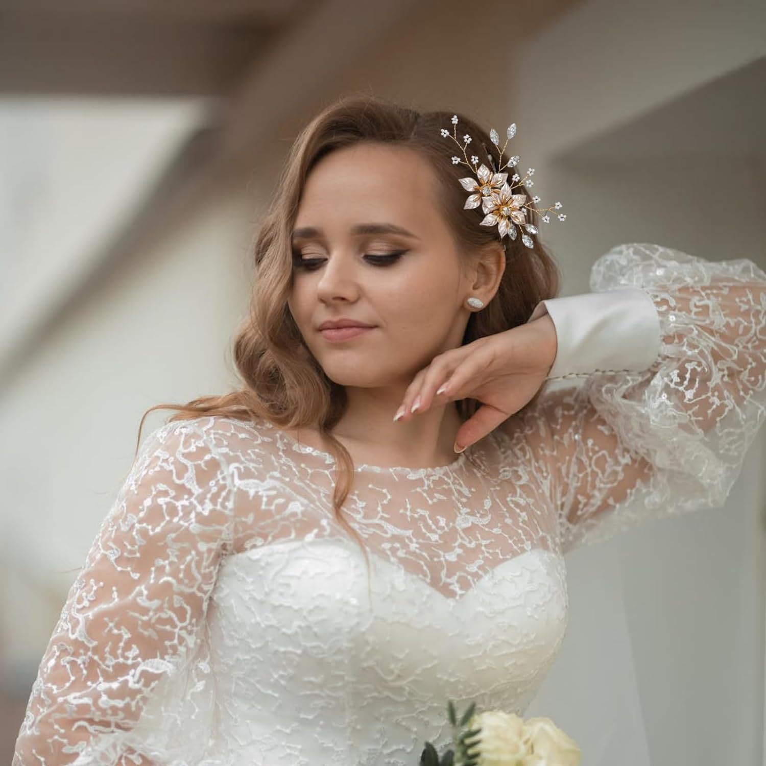 Gold Flower Crystal Pearl Hair Comb Bridal Wedding Hair Accessory for Women - Image 4