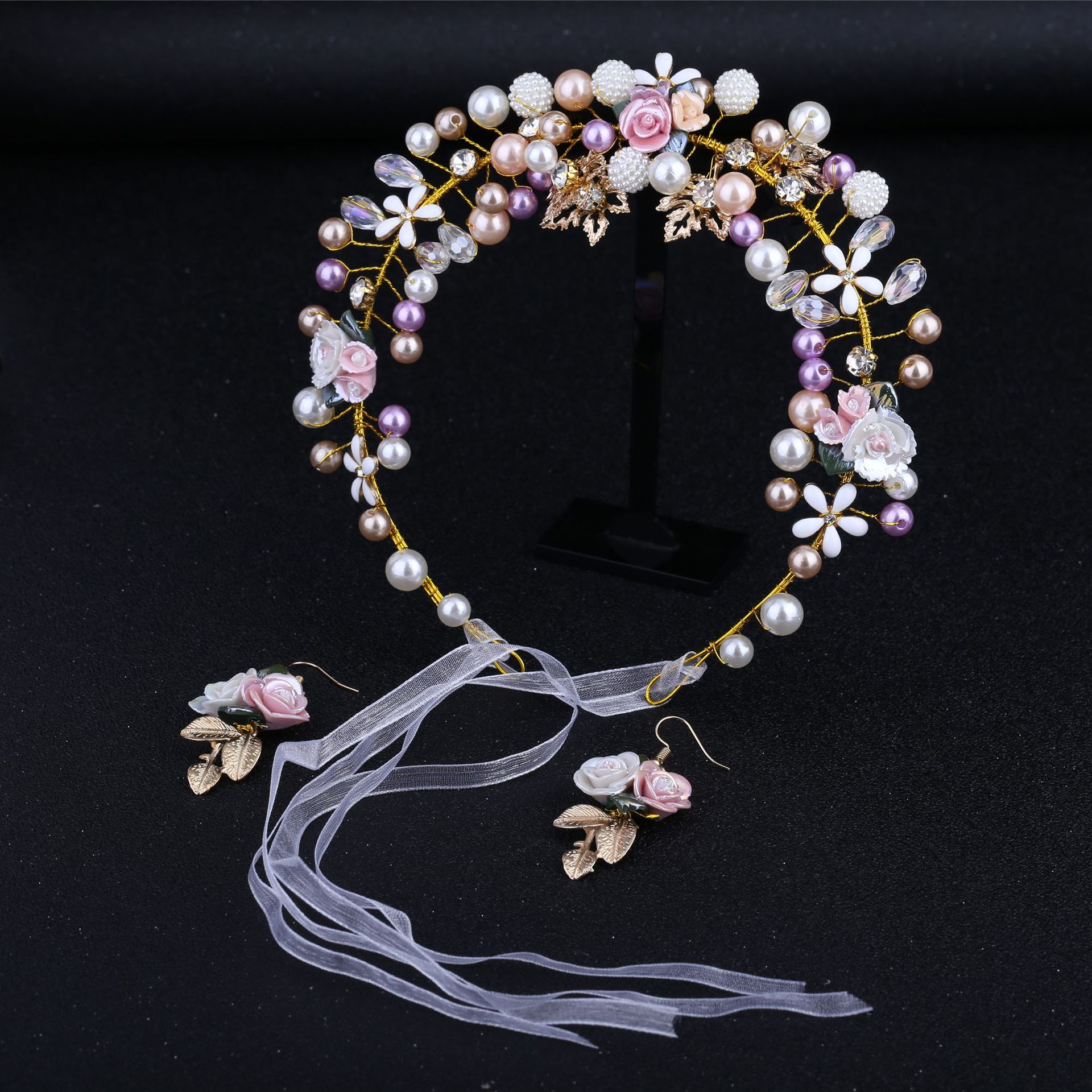 Gold Floral Pearl Crystal Bridal Headband with Matching Drop Earrings Set - Image 4